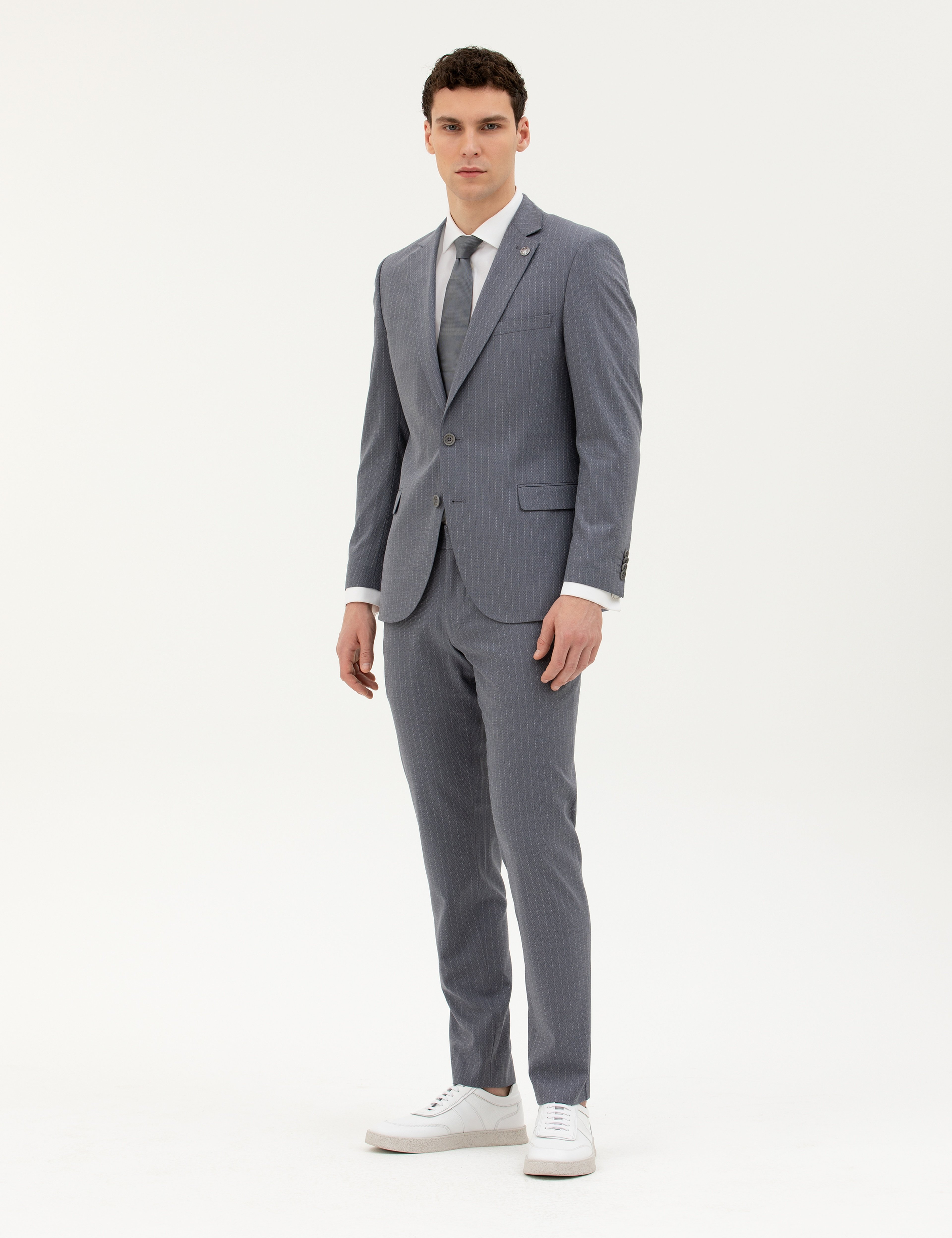 Koyu Mavi Extra Slim Fit Çizgili Takım Elbise