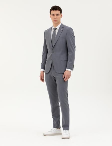Koyu Mavi Ex. Slim Fit Çizgili Takım Elbise - 50287193005