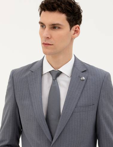 Koyu Mavi Ex. Slim Fit Çizgili Takım Elbise
