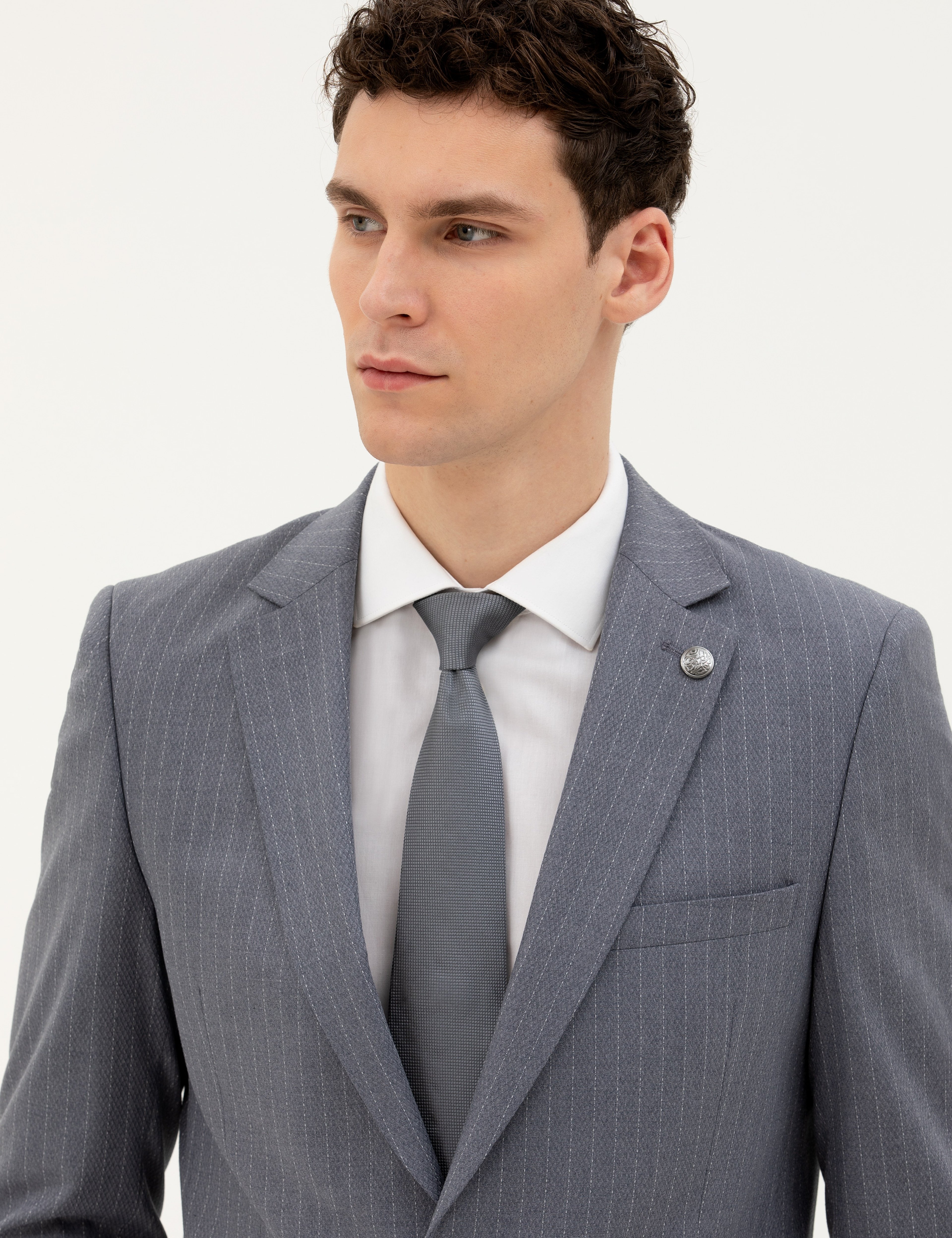 Koyu Mavi Extra Slim Fit Çizgili Takım Elbise - Image 3
