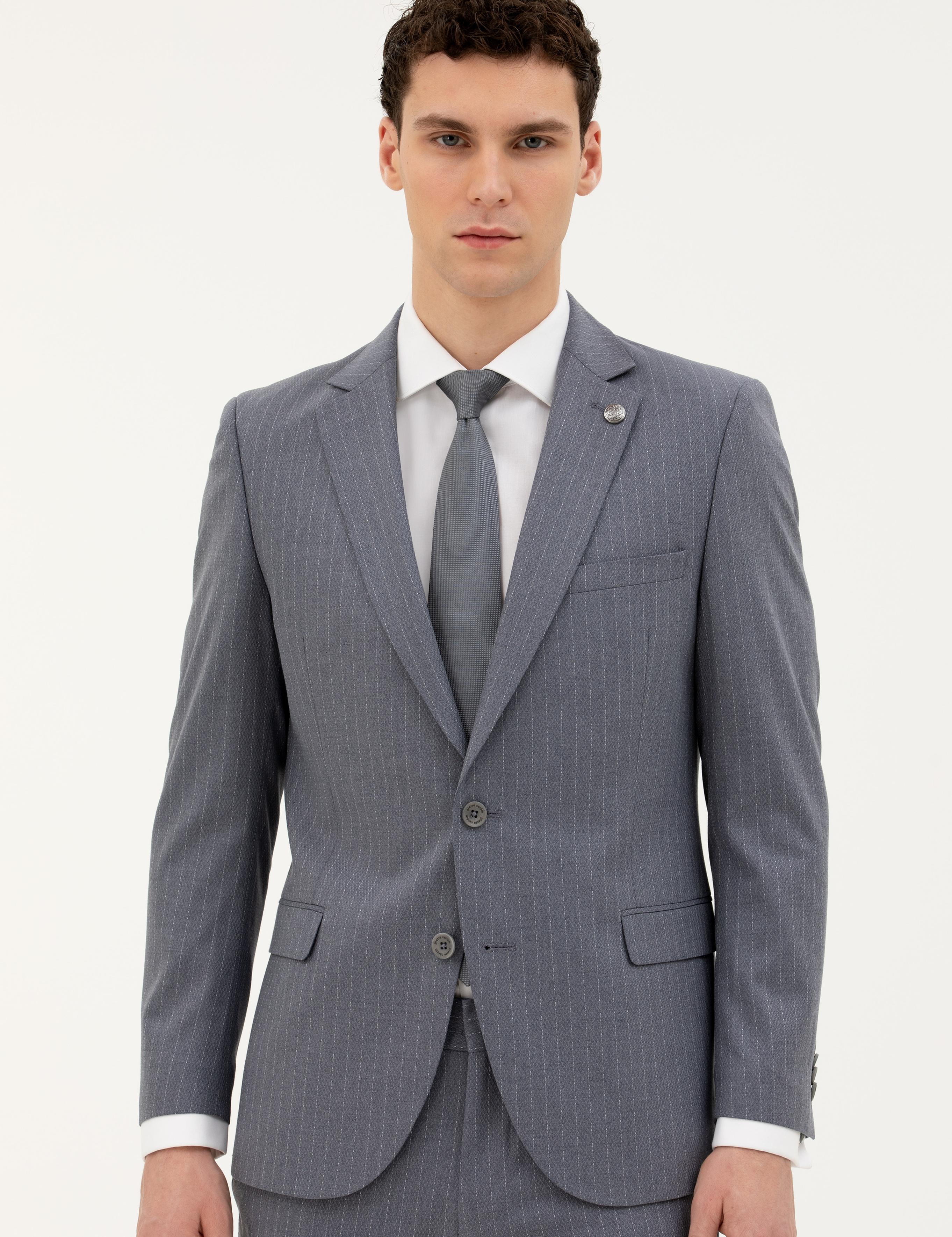 Koyu Mavi Ex. Slim Fit Çizgili Takım Elbise