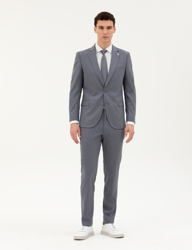 Koyu Mavi Extra Slim Fit Çizgili Takım Elbise