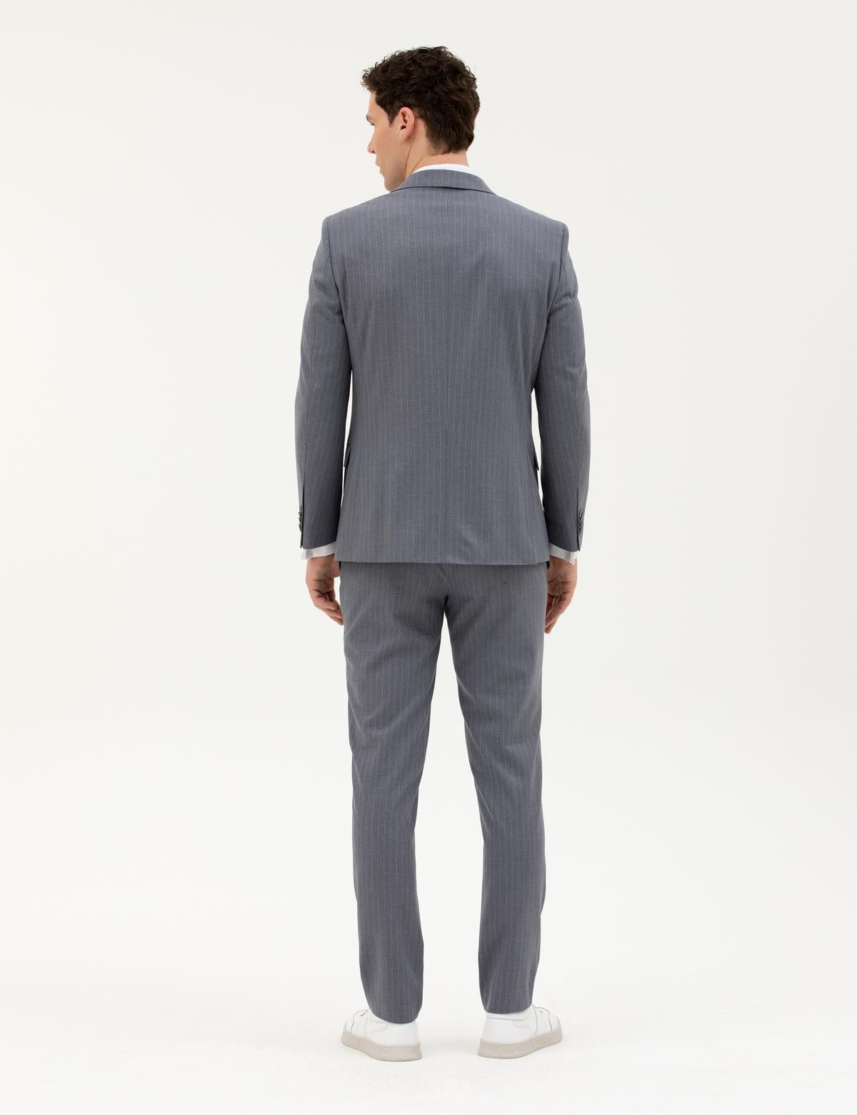 Koyu Mavi Ex. Slim Fit Çizgili Takım Elbise - 50287193005