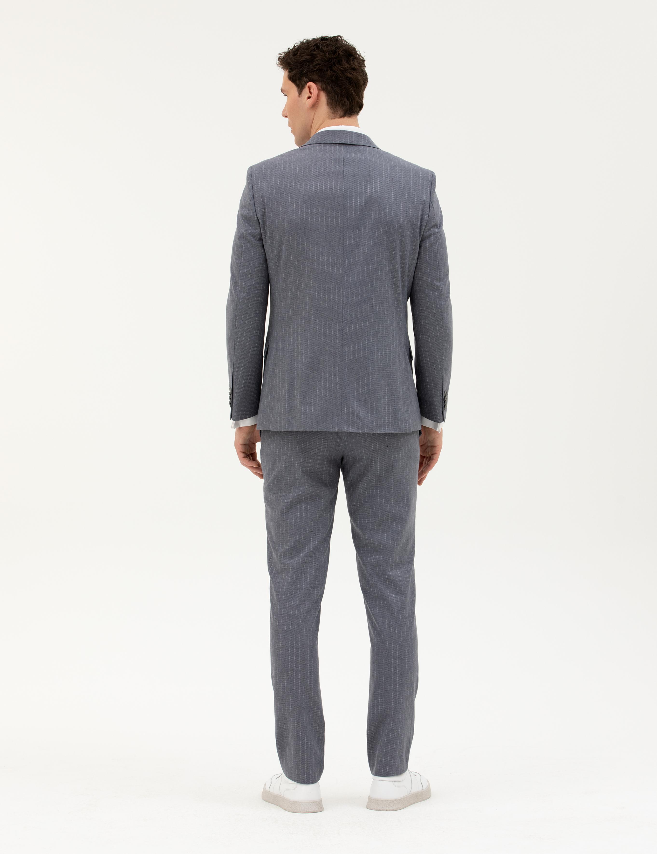 Koyu Mavi Ex. Slim Fit Çizgili Takım Elbise