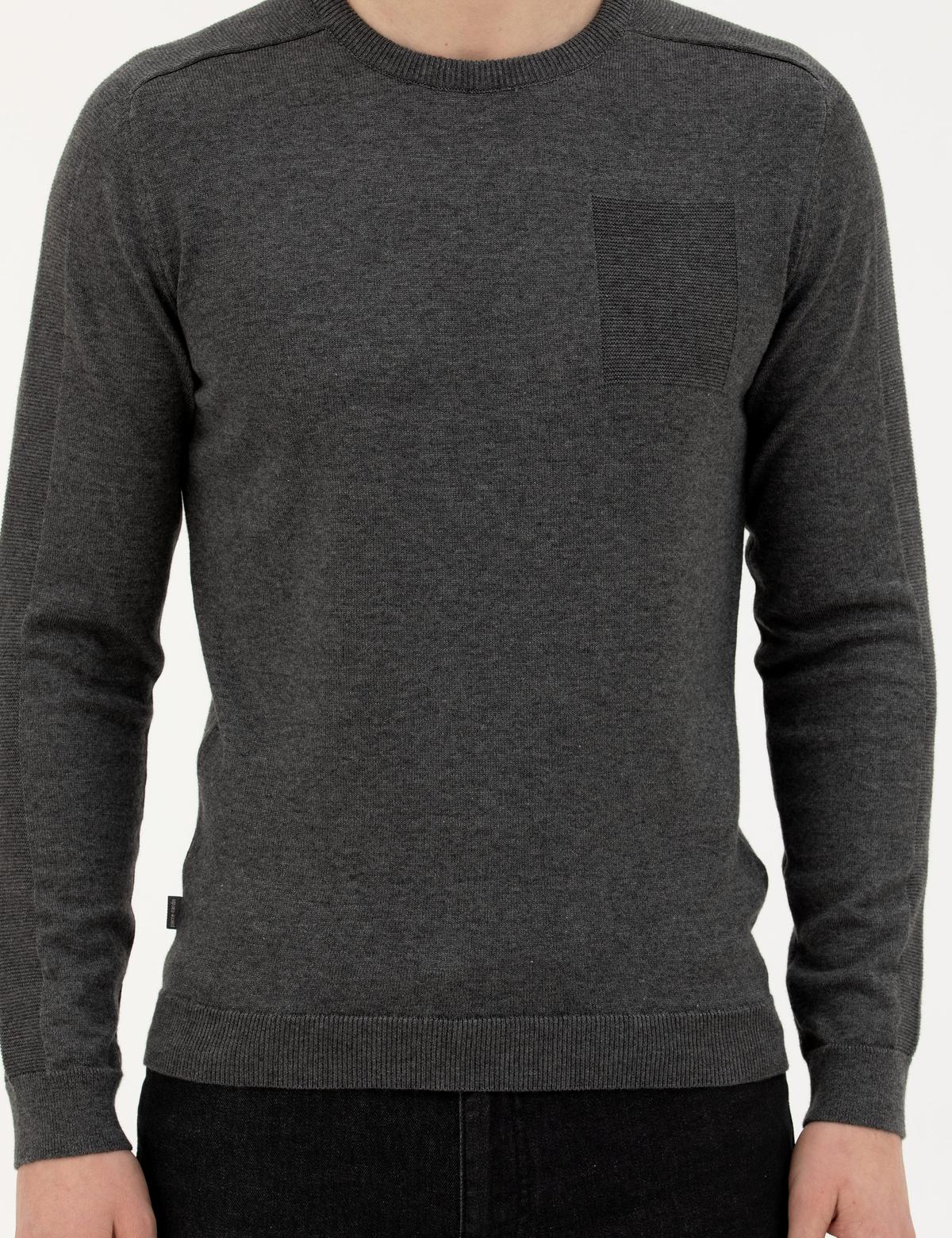 Koyu Gri Slim Fit Bisiklet Yaka Triko Kazak - 50281779007