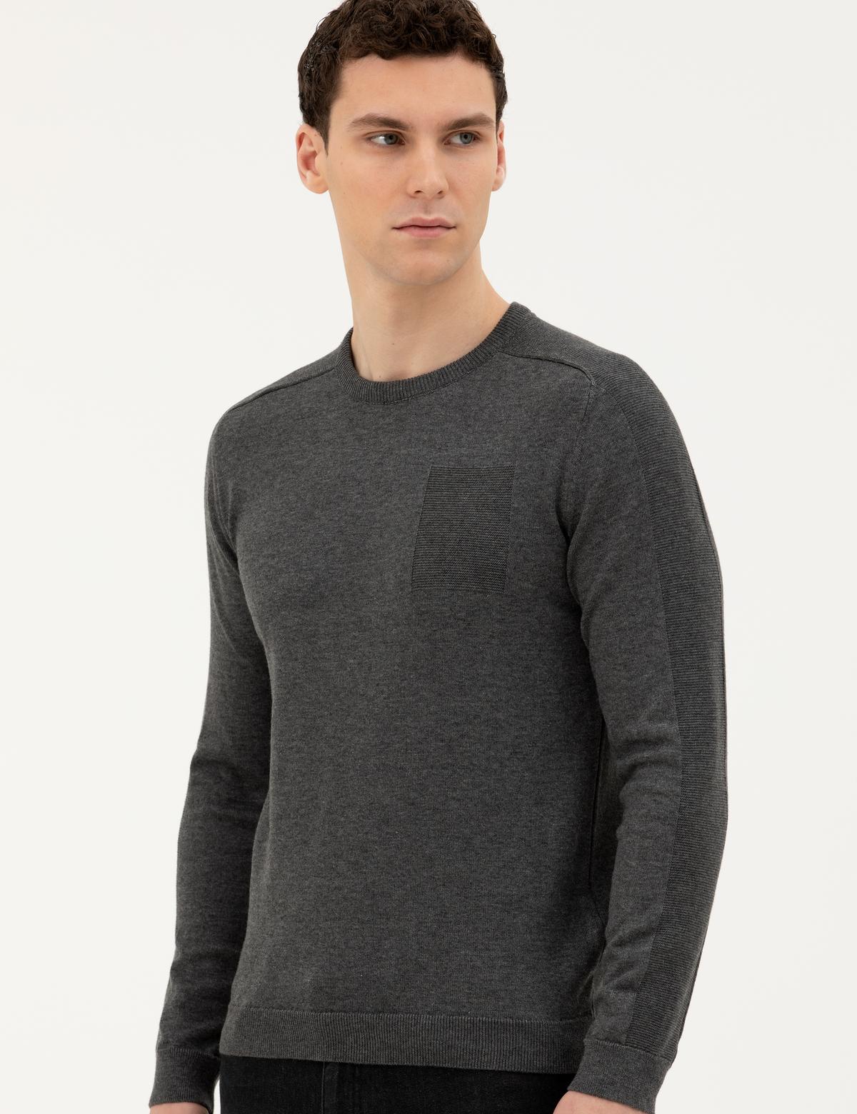 Koyu Gri Slim Fit Bisiklet Yaka Triko Kazak - 50281779007