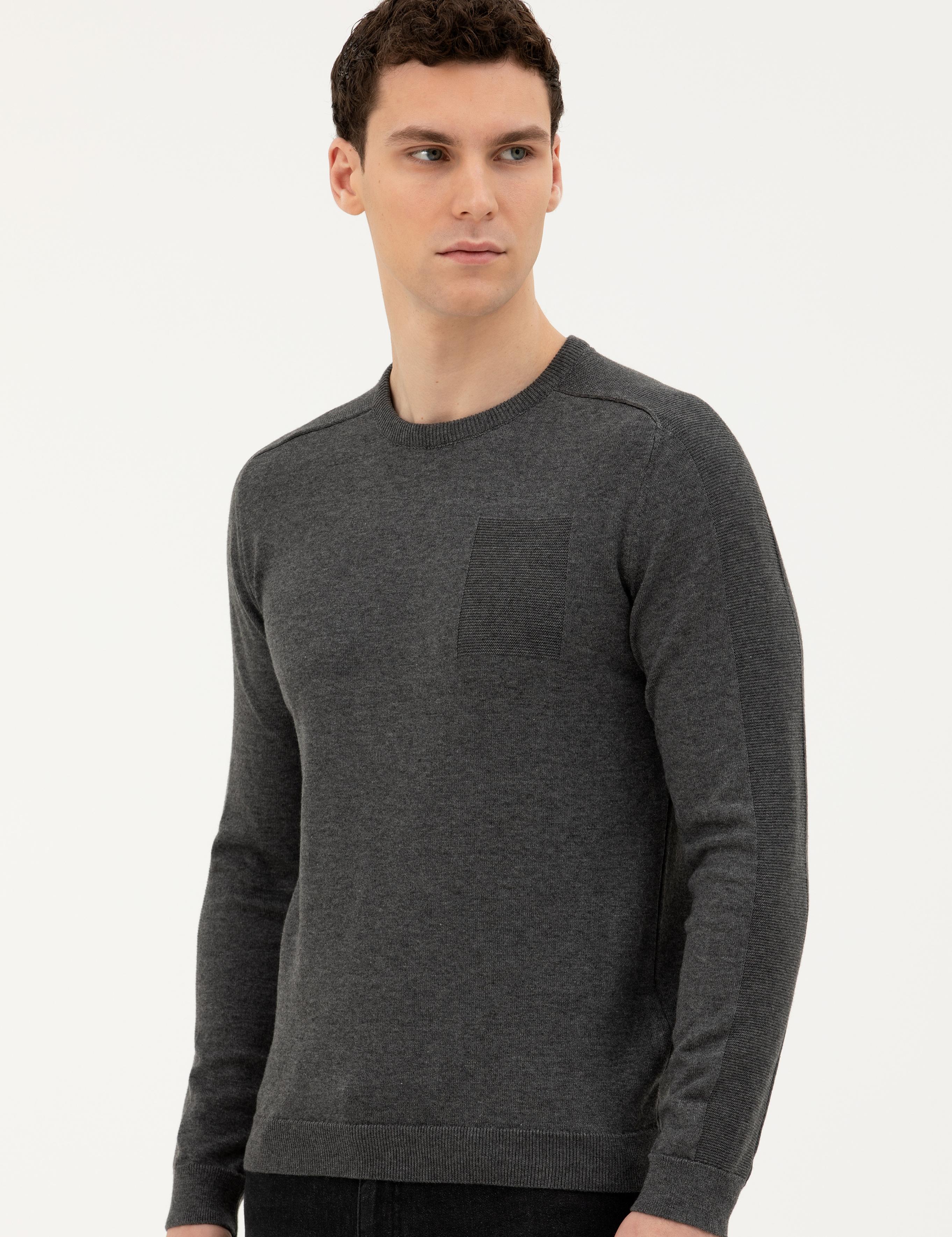 Koyu Gri Slim Fit Bisiklet Yaka Triko Kazak