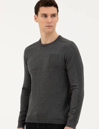 Koyu Gri Slim Fit Bisiklet Yaka Triko Kazak