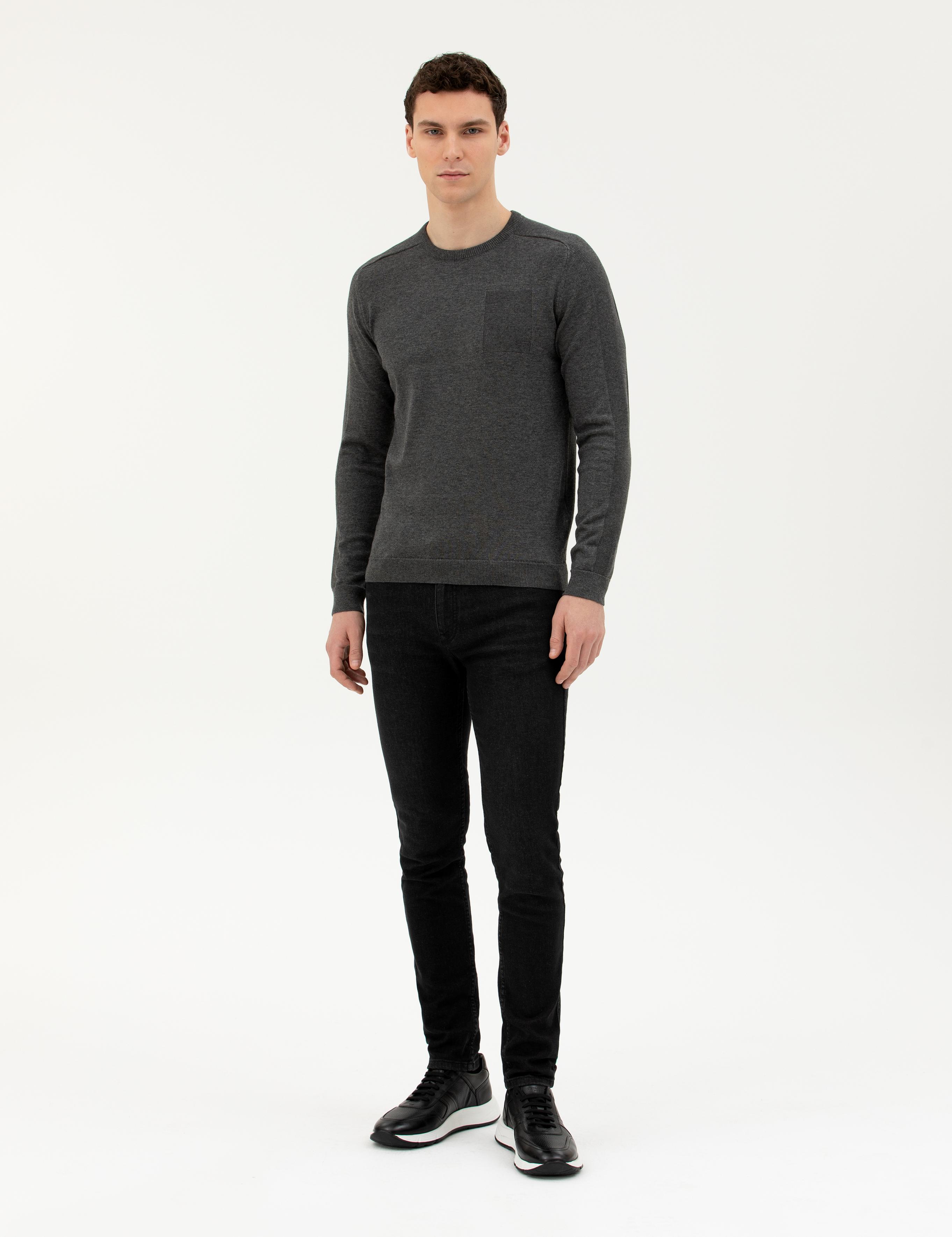 Koyu Gri Slim Fit Bisiklet Yaka Triko Kazak