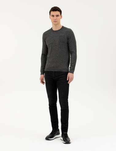 Koyu Gri Slim Fit Bisiklet Yaka Triko Kazak