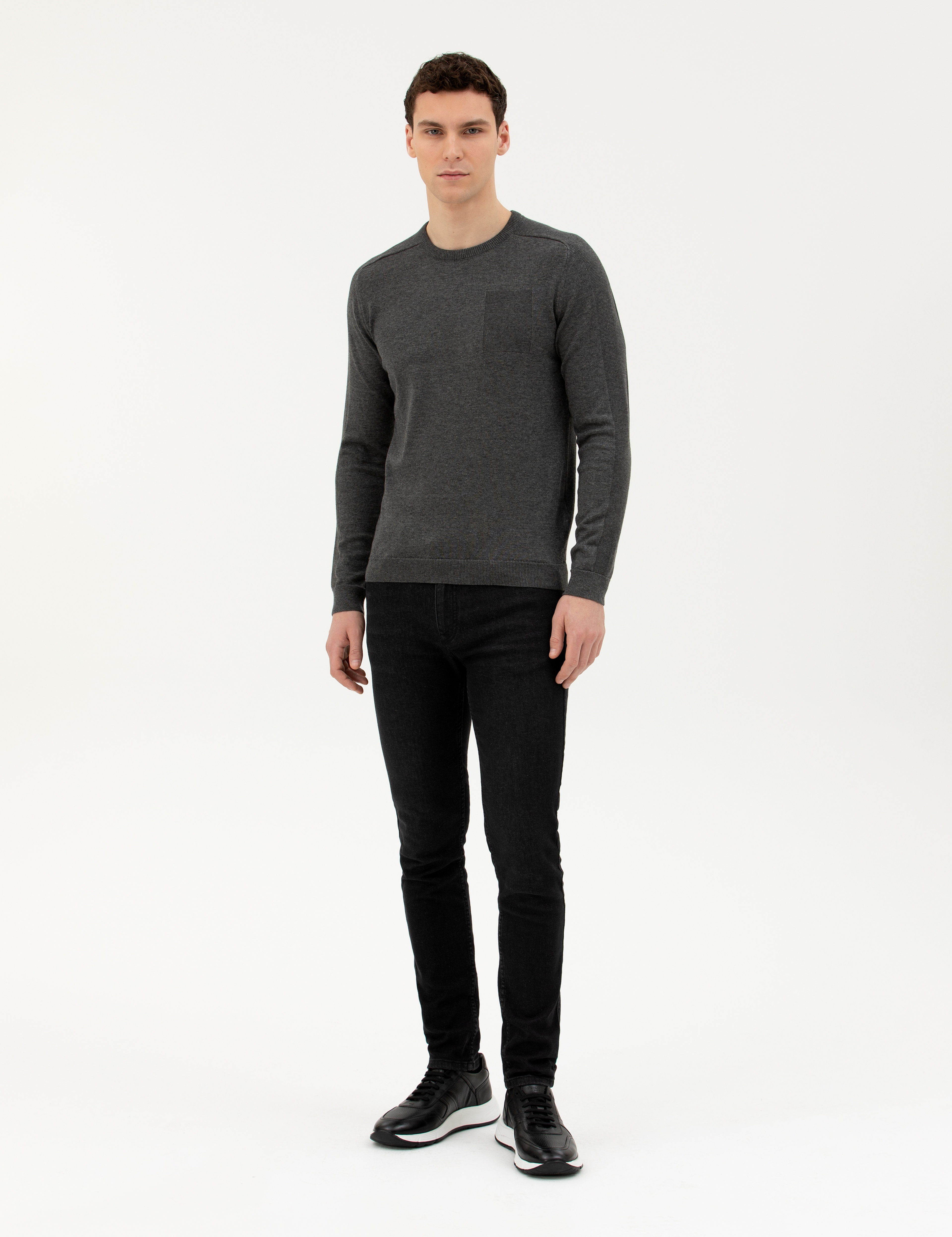Koyu Gri Slim Fit Bisiklet Yaka Triko Kazak - Image 4