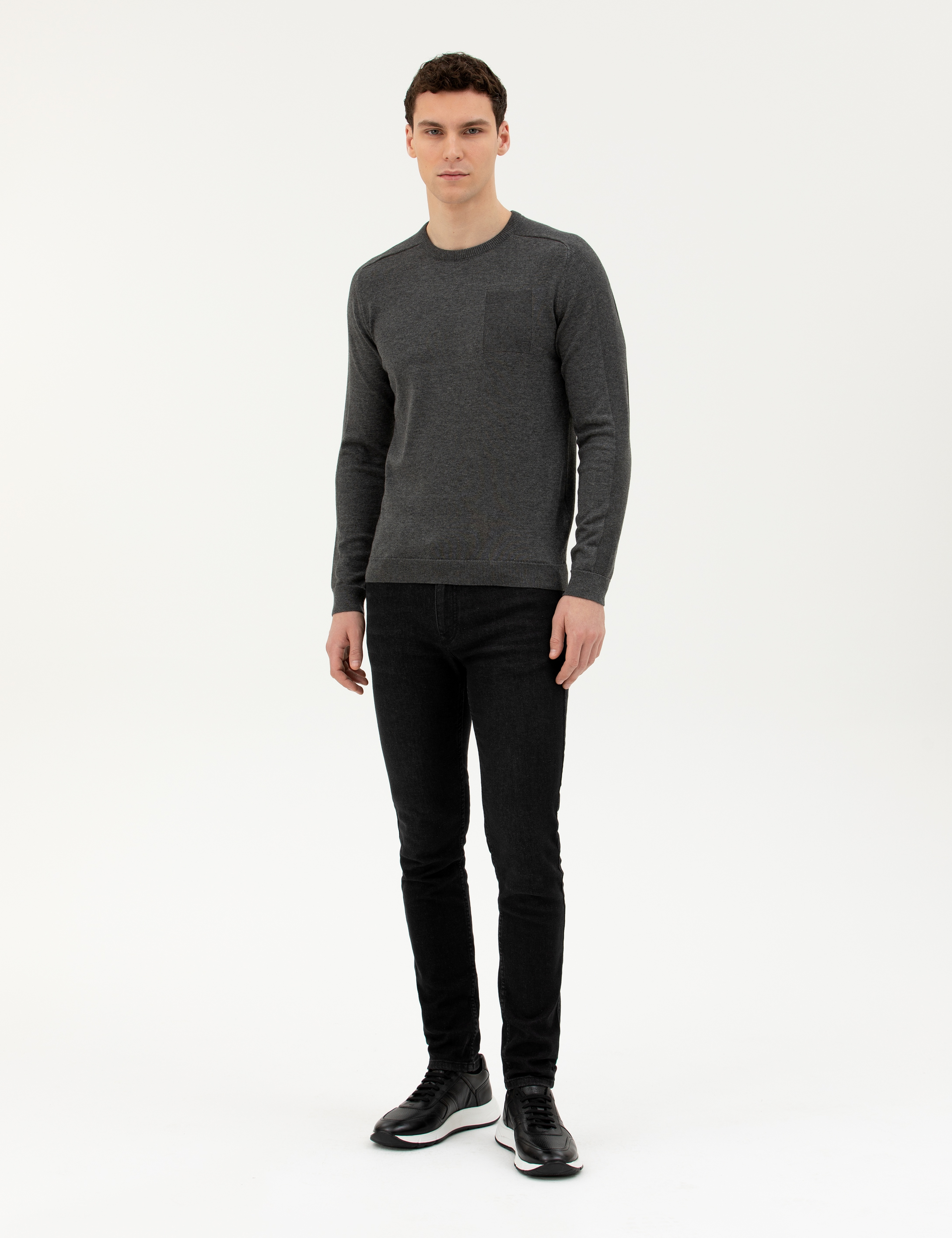 Koyu Gri Slim Fit Bisiklet Yaka Triko Kazak