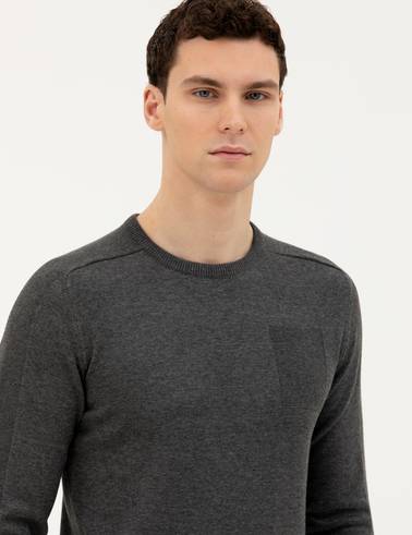Koyu Gri Slim Fit Bisiklet Yaka Triko Kazak