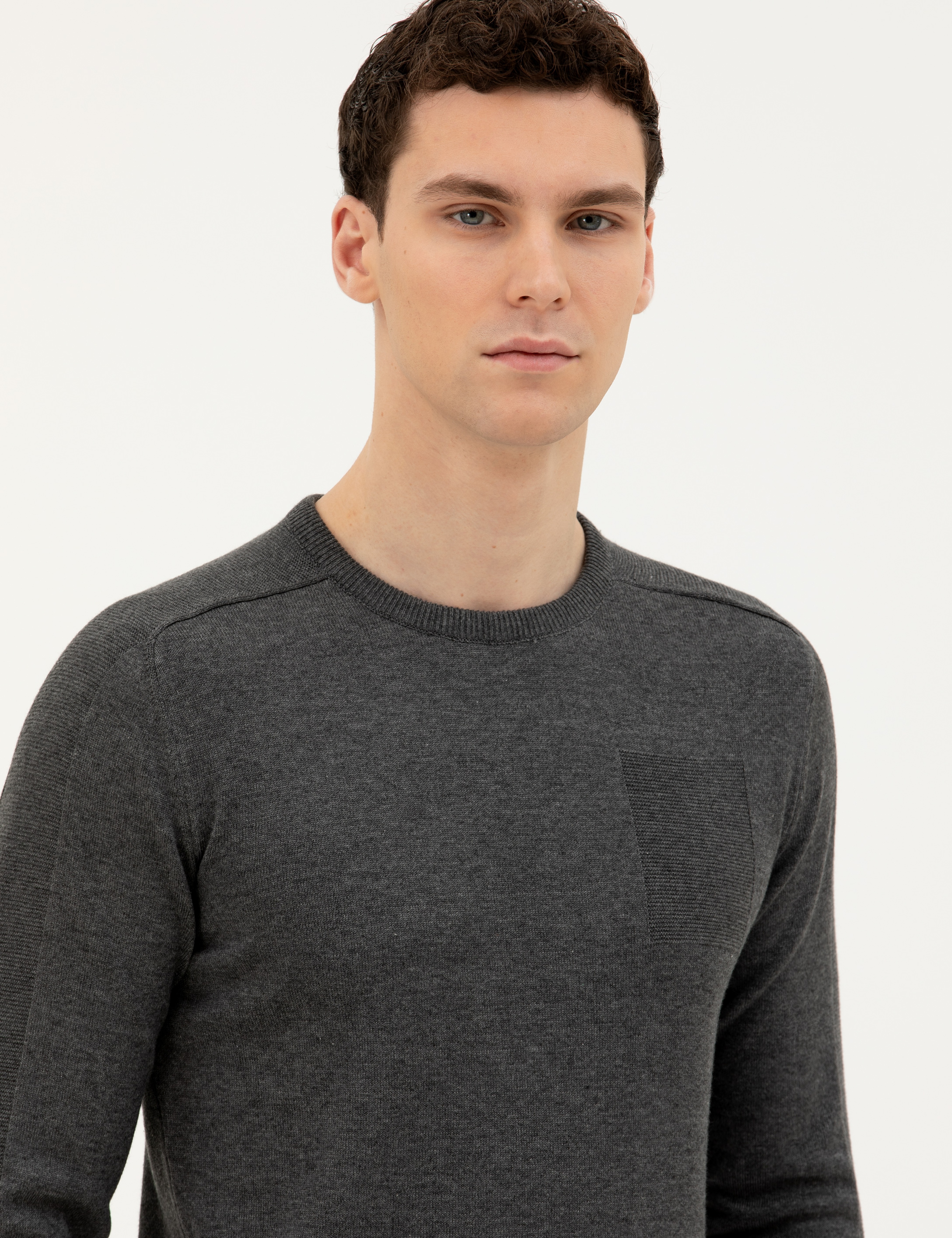 Koyu Gri Slim Fit Bisiklet Yaka Triko Kazak - Image 2