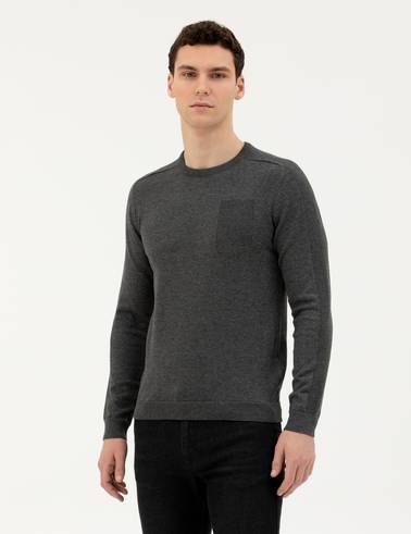 Koyu Gri Slim Fit Bisiklet Yaka Triko Kazak