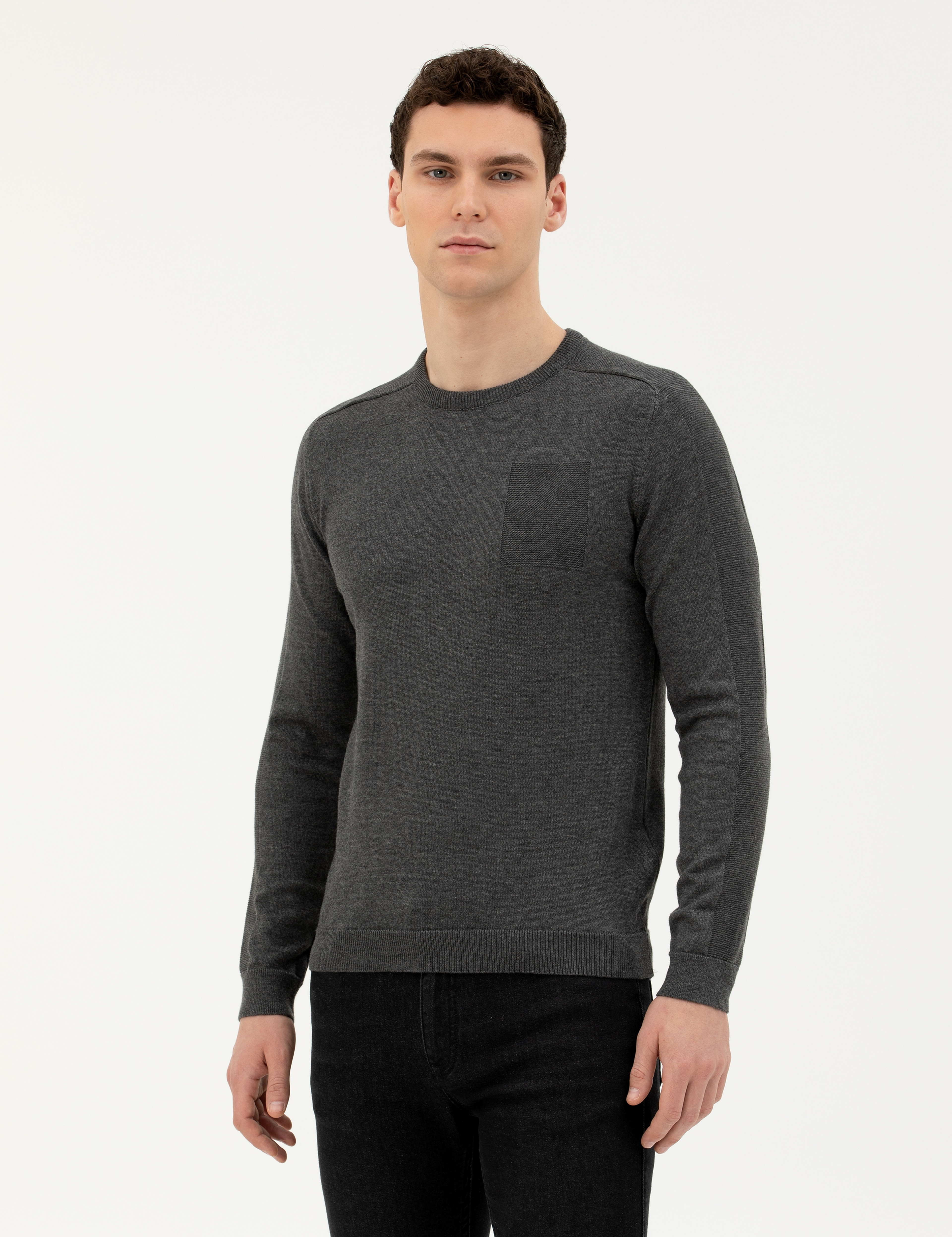 Koyu Gri Slim Fit Bisiklet Yaka Triko Kazak - Image 1