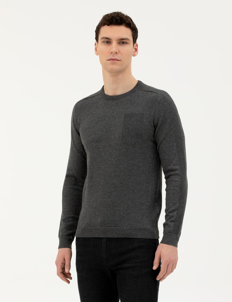 Koyu Gri Slim Fit Bisiklet Yaka Triko Kazak