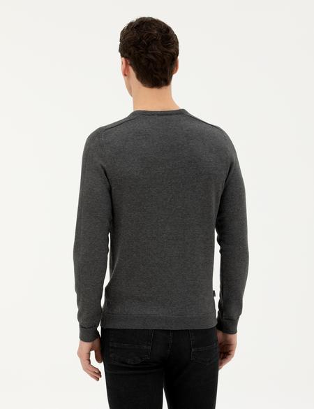 Koyu Gri Slim Fit Bisiklet Yaka Triko Kazak - 50281779007