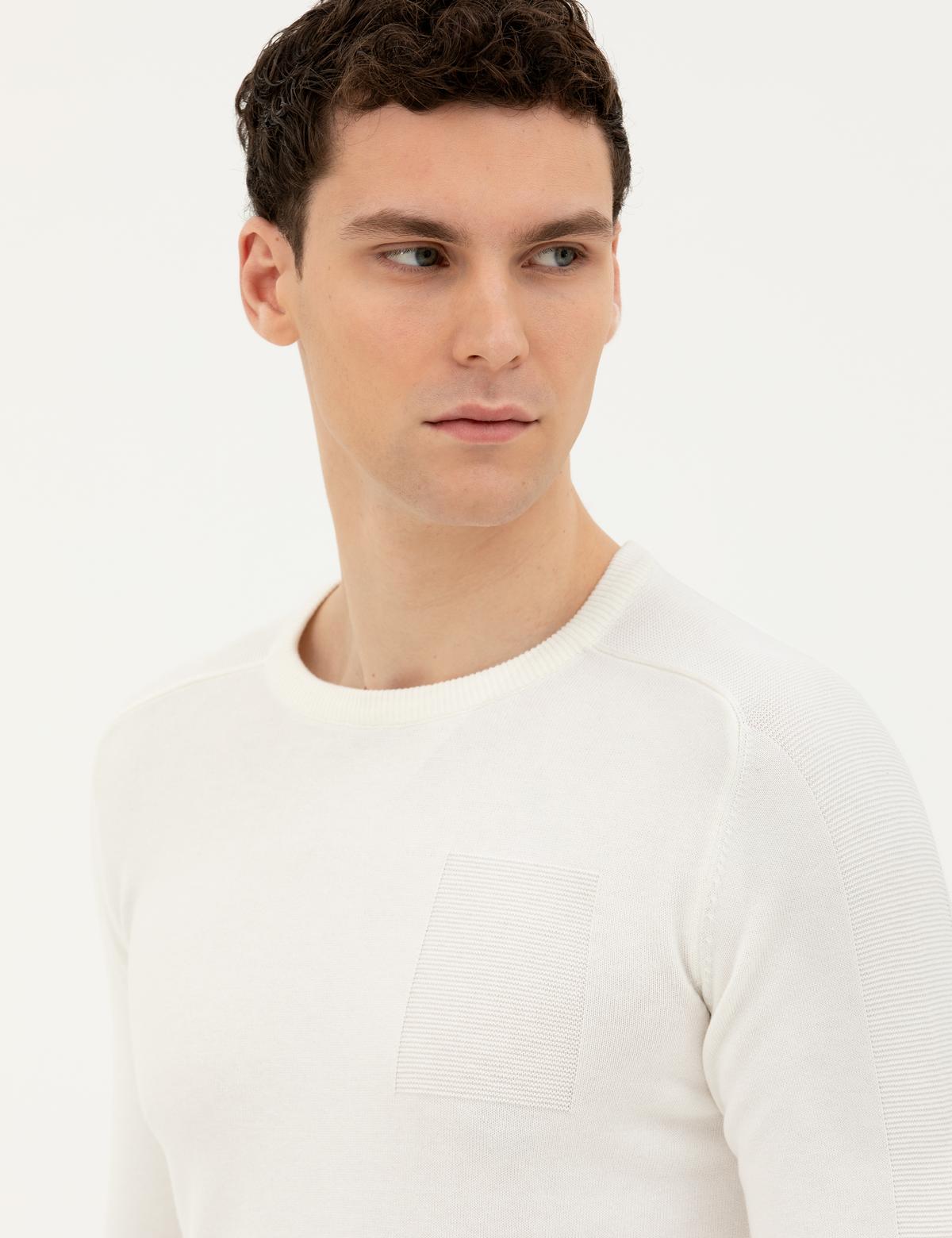 Ekru Slim Fit Bisiklet Yaka Triko Kazak - 50281779011