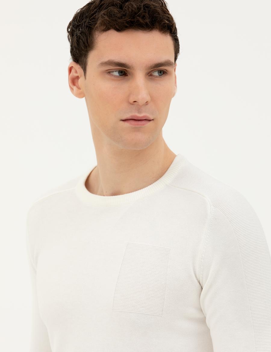 Ekru Slim Fit Bisiklet Yaka Triko Kazak