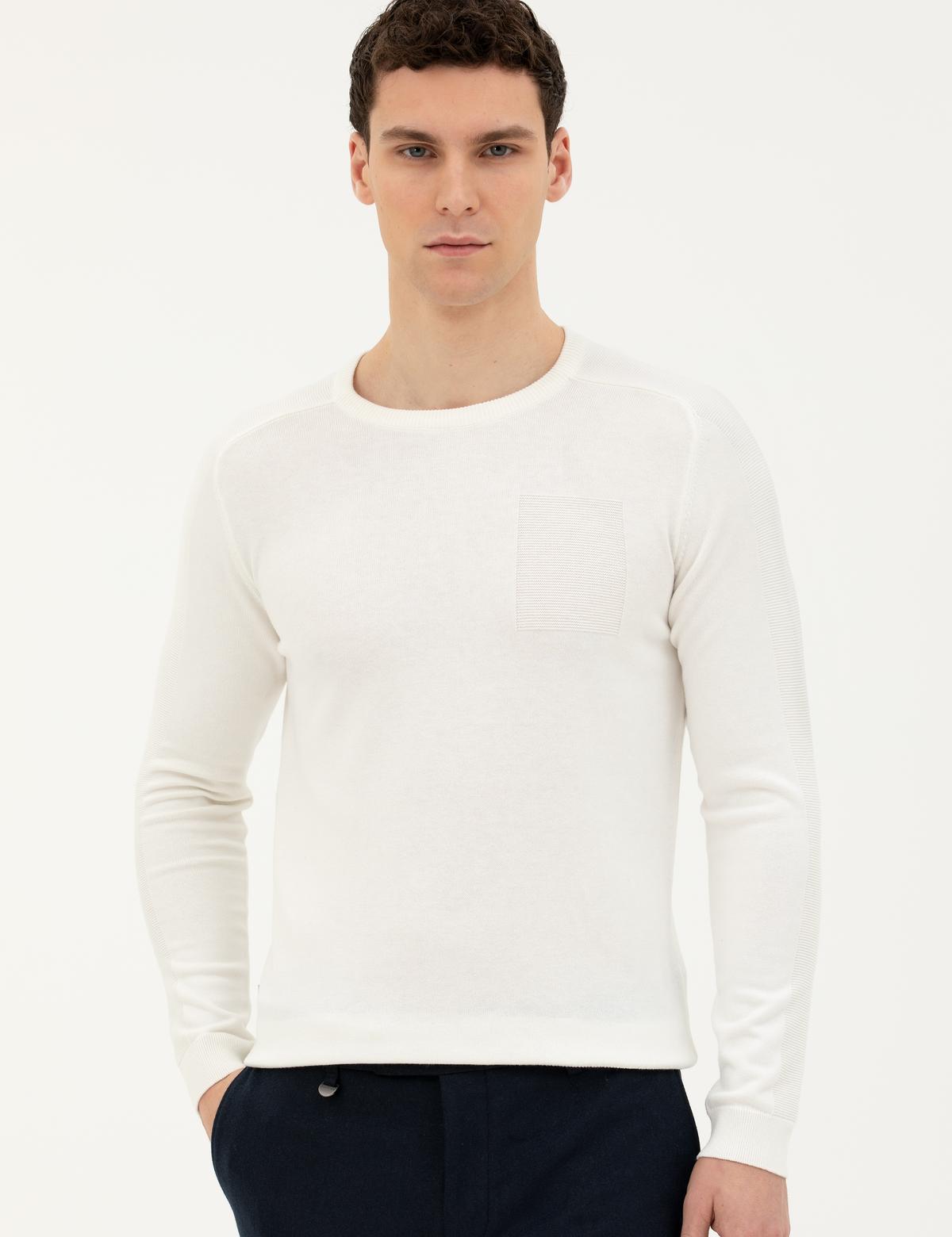 Ekru Slim Fit Bisiklet Yaka Triko Kazak - 50281779011