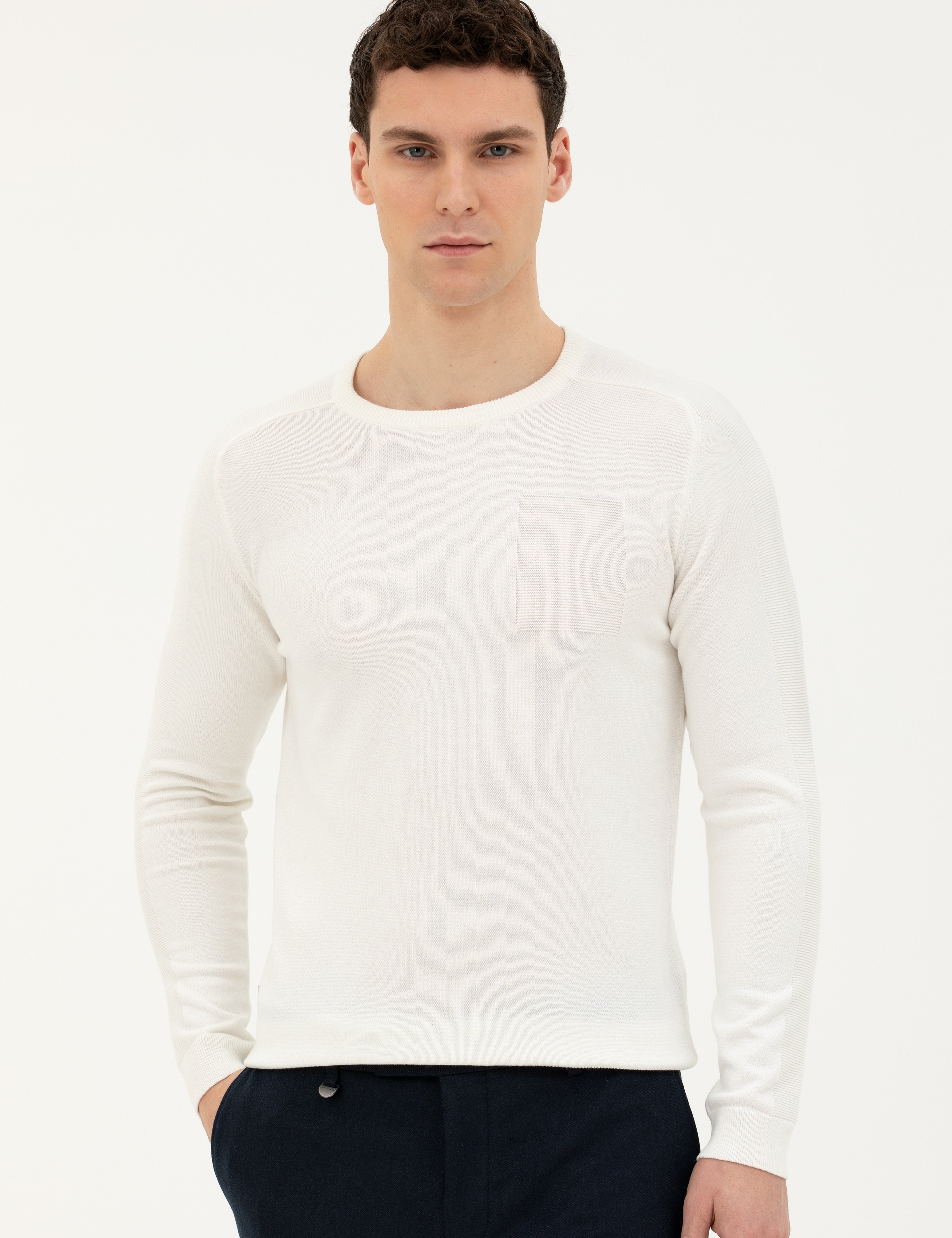 Ekru Slim Fit Bisiklet Yaka Triko Kazak - Image 3