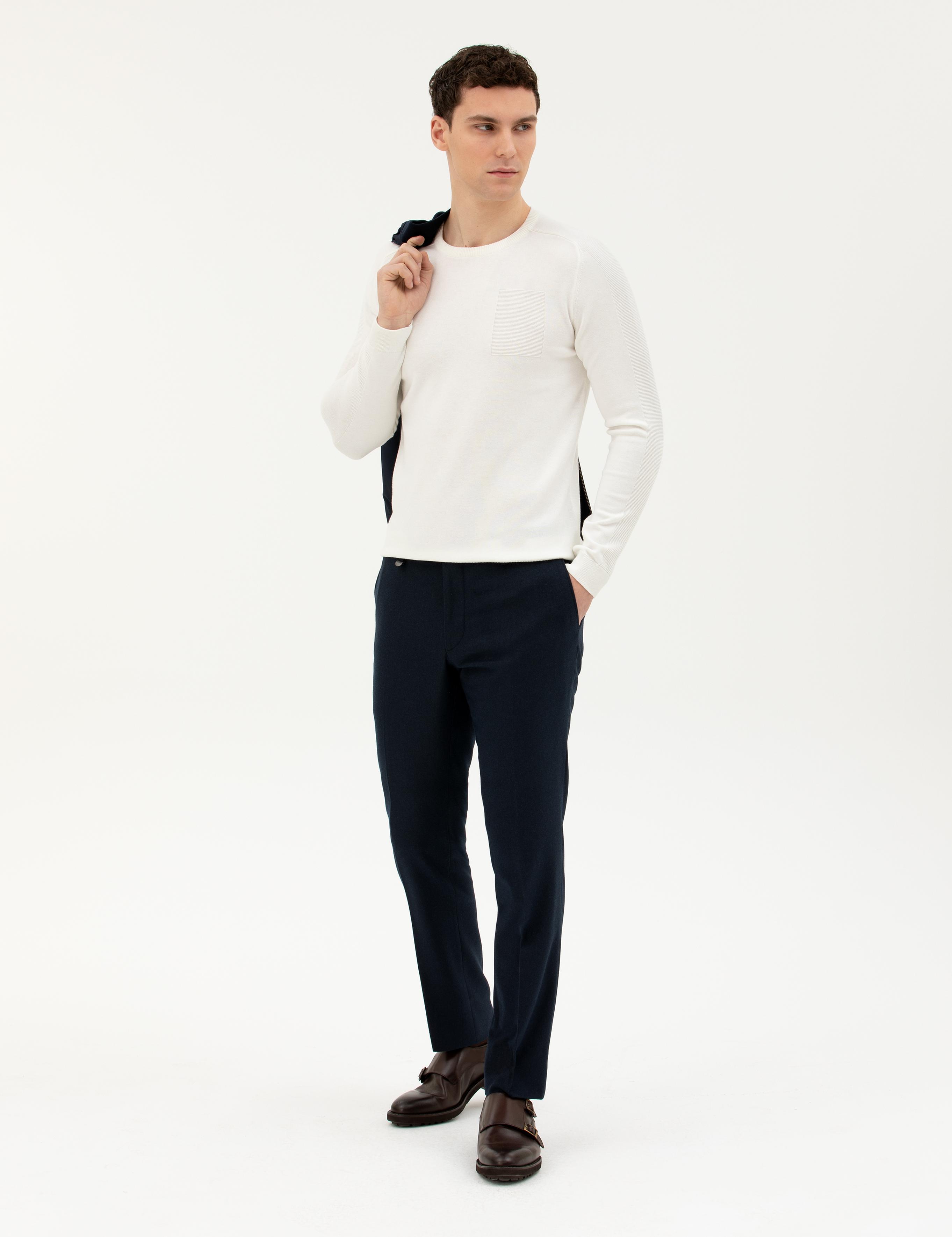 Ekru Slim Fit Bisiklet Yaka Triko Kazak