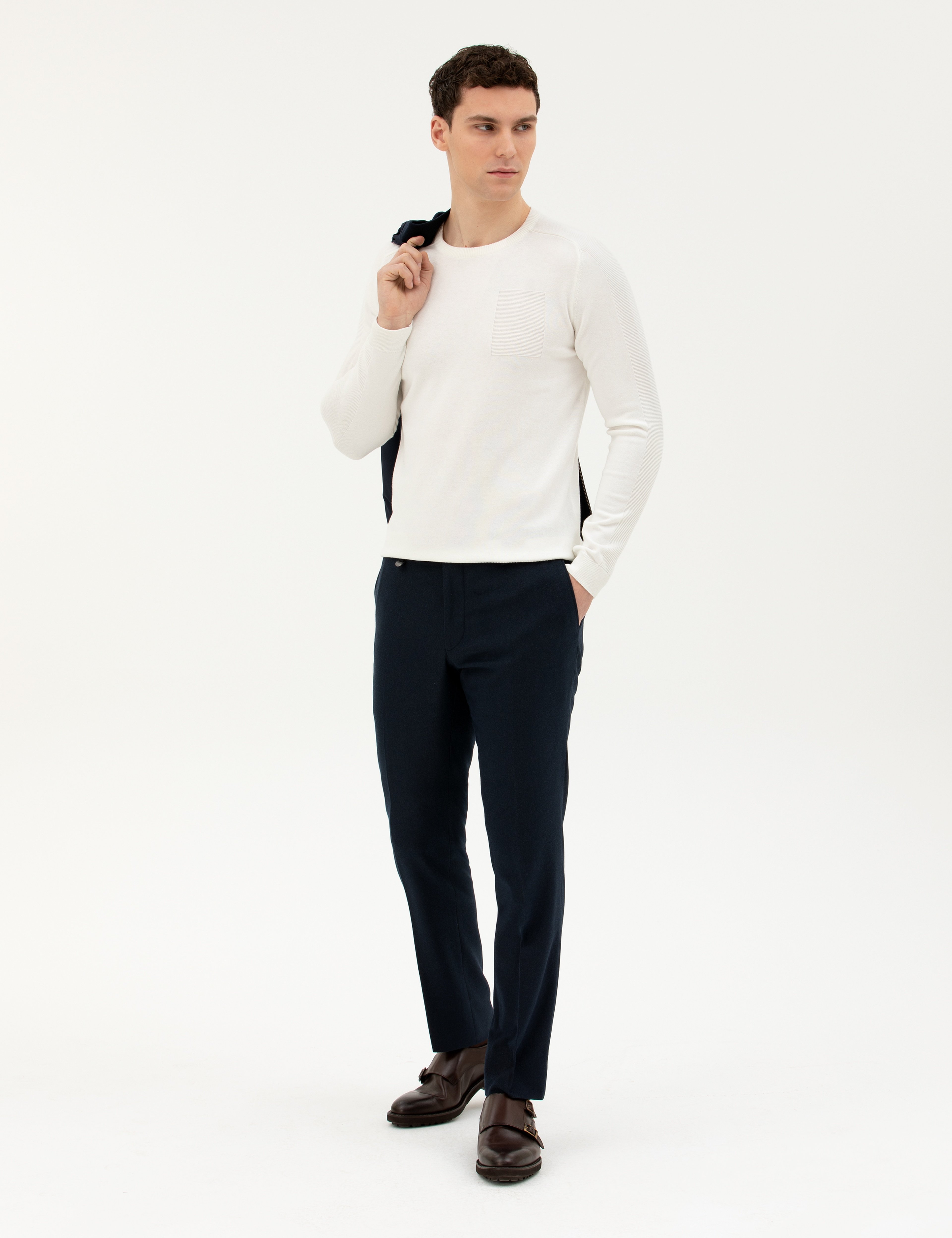 Ekru Slim Fit Bisiklet Yaka Triko Kazak - Image 4