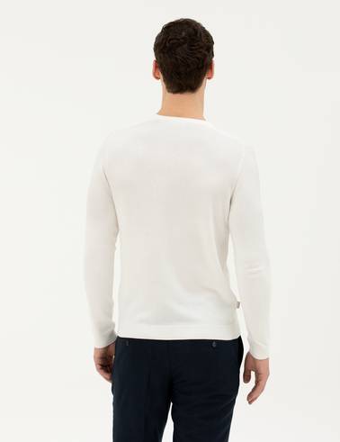 Ekru Slim Fit Bisiklet Yaka Triko Kazak