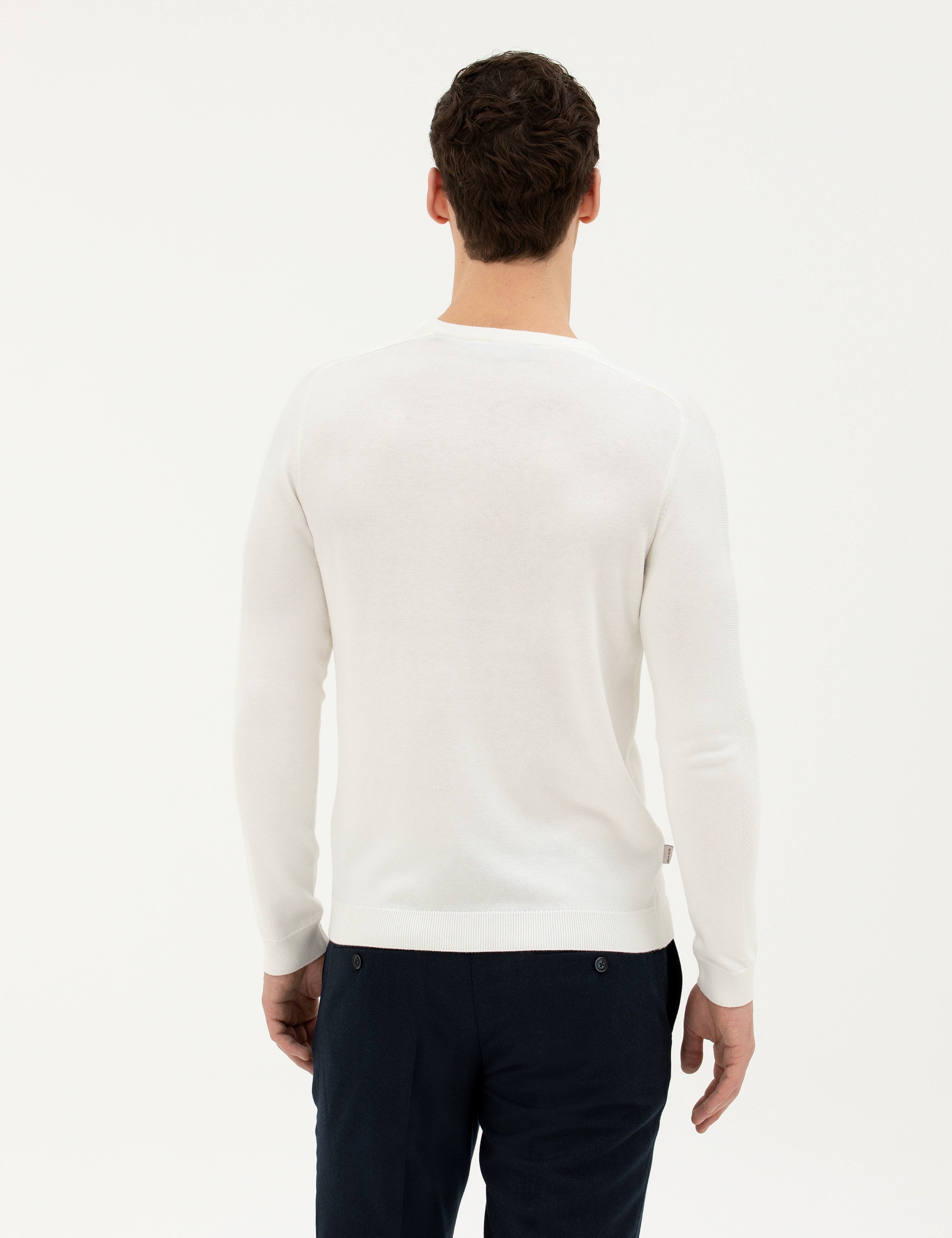 Ekru Slim Fit Bisiklet Yaka Triko Kazak