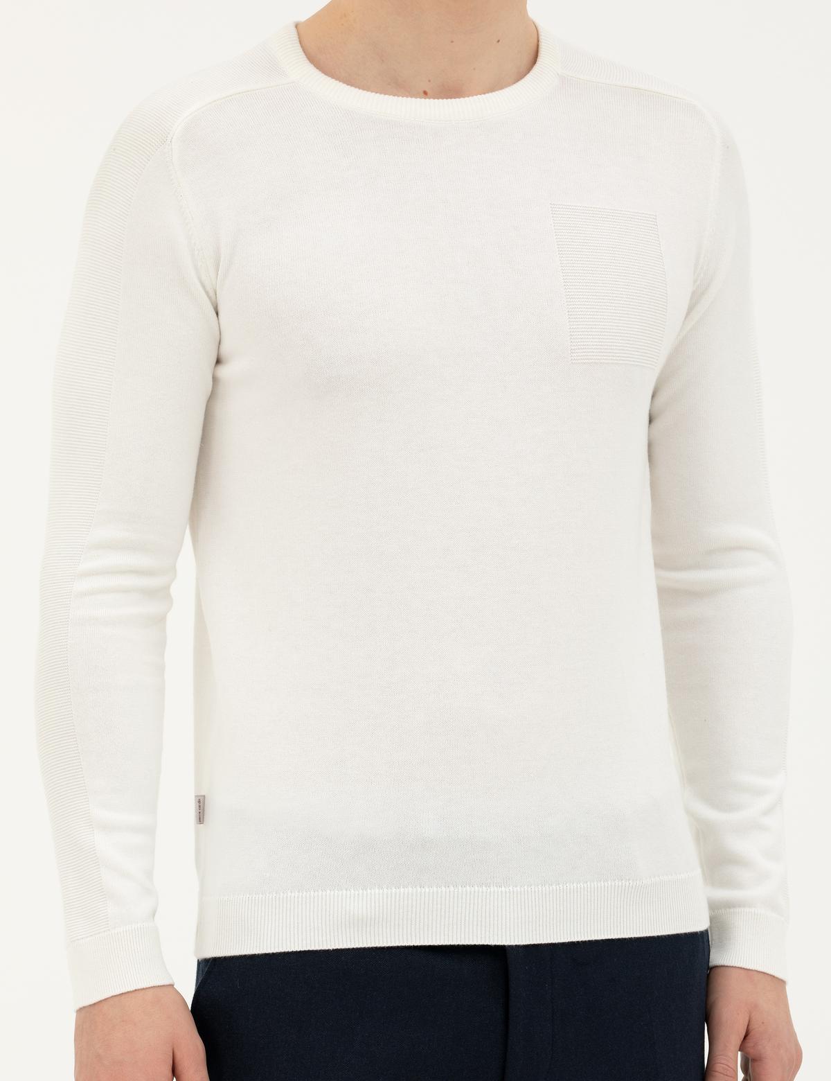 Ekru Slim Fit Bisiklet Yaka Triko Kazak - 50281779011