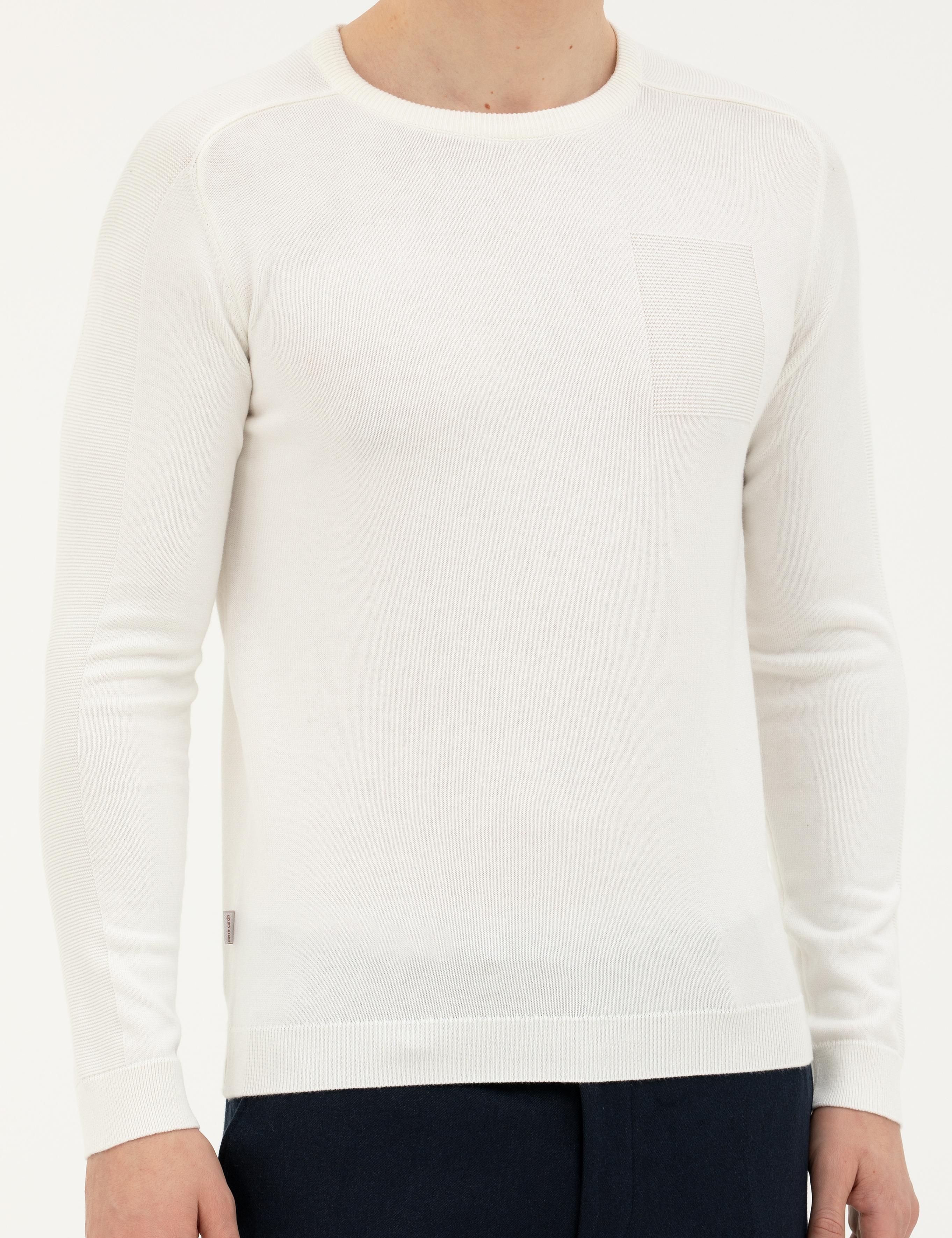 Ekru Slim Fit Bisiklet Yaka Triko Kazak