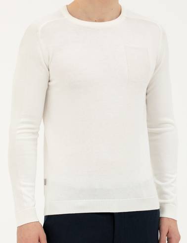 Ekru Slim Fit Bisiklet Yaka Triko Kazak