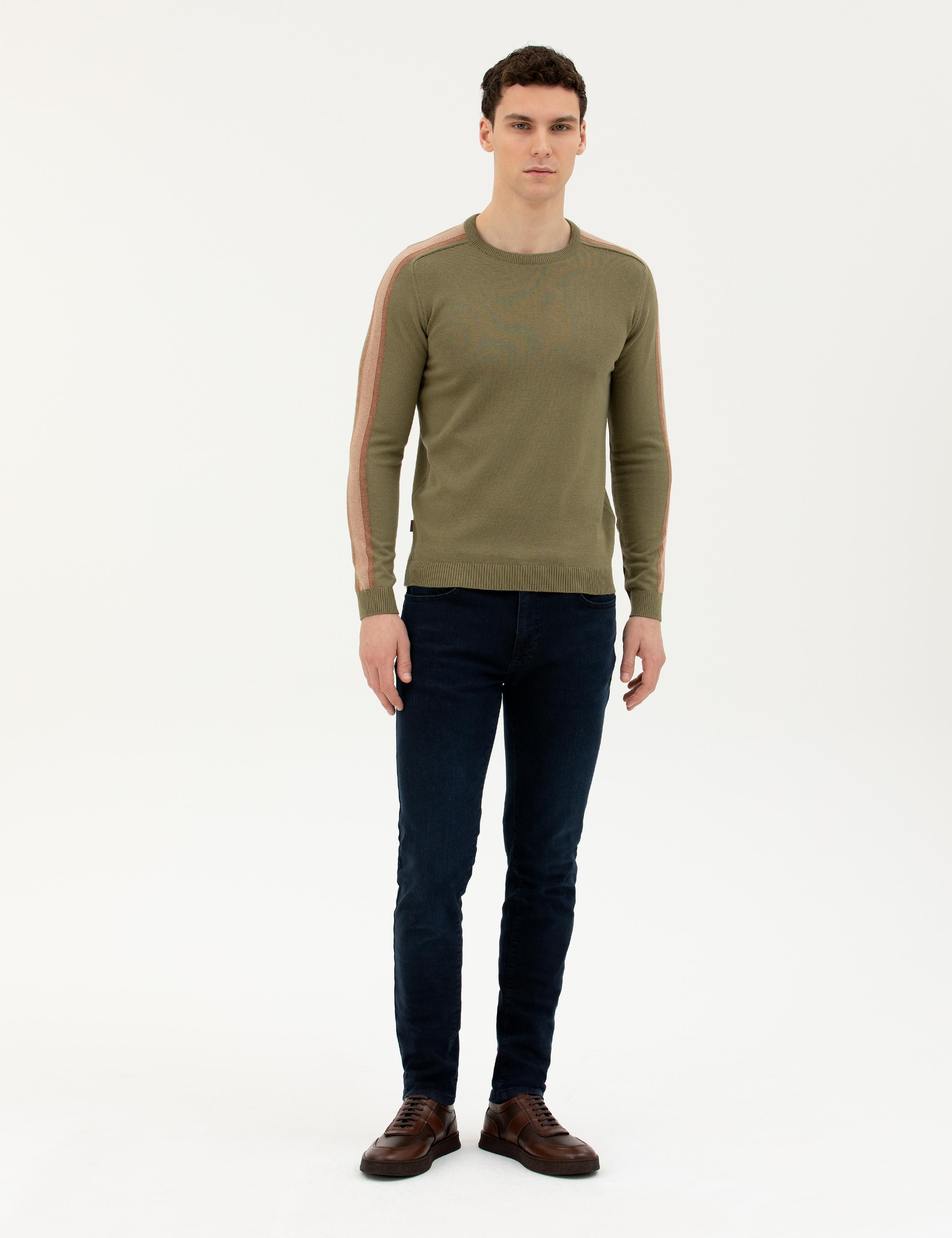 Haki Slim Fit Bisiklet Yaka Triko Kazak