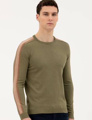 Haki Slim Fit Bisiklet Yaka Triko Kazak