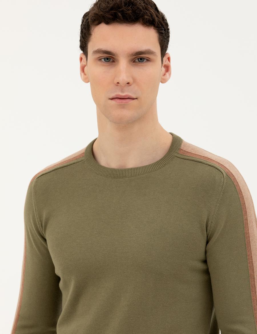 Haki Slim Fit Bisiklet Yaka Triko Kazak