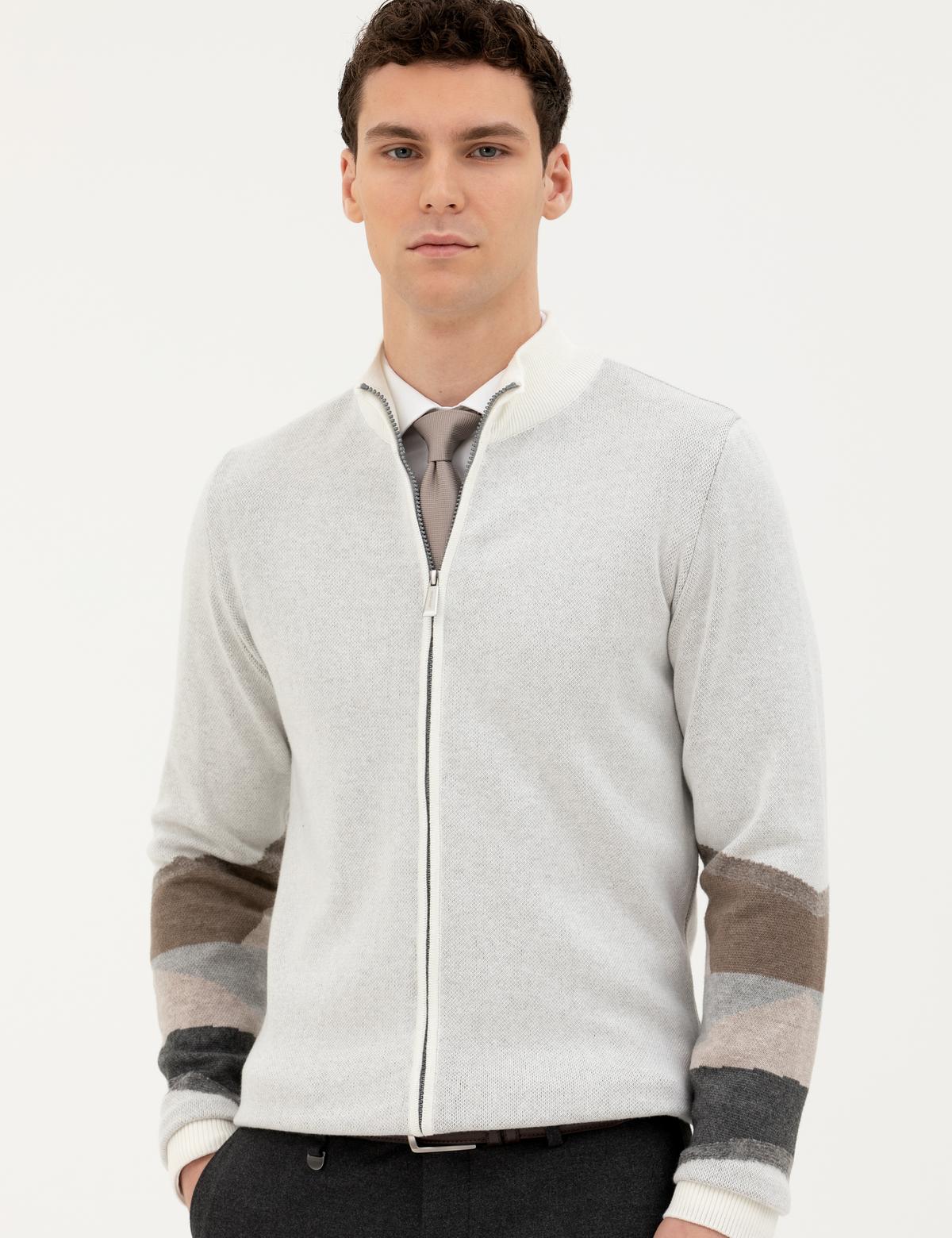 Ekru Slim Fit Fermuarlı Triko Hırka - 50278102001