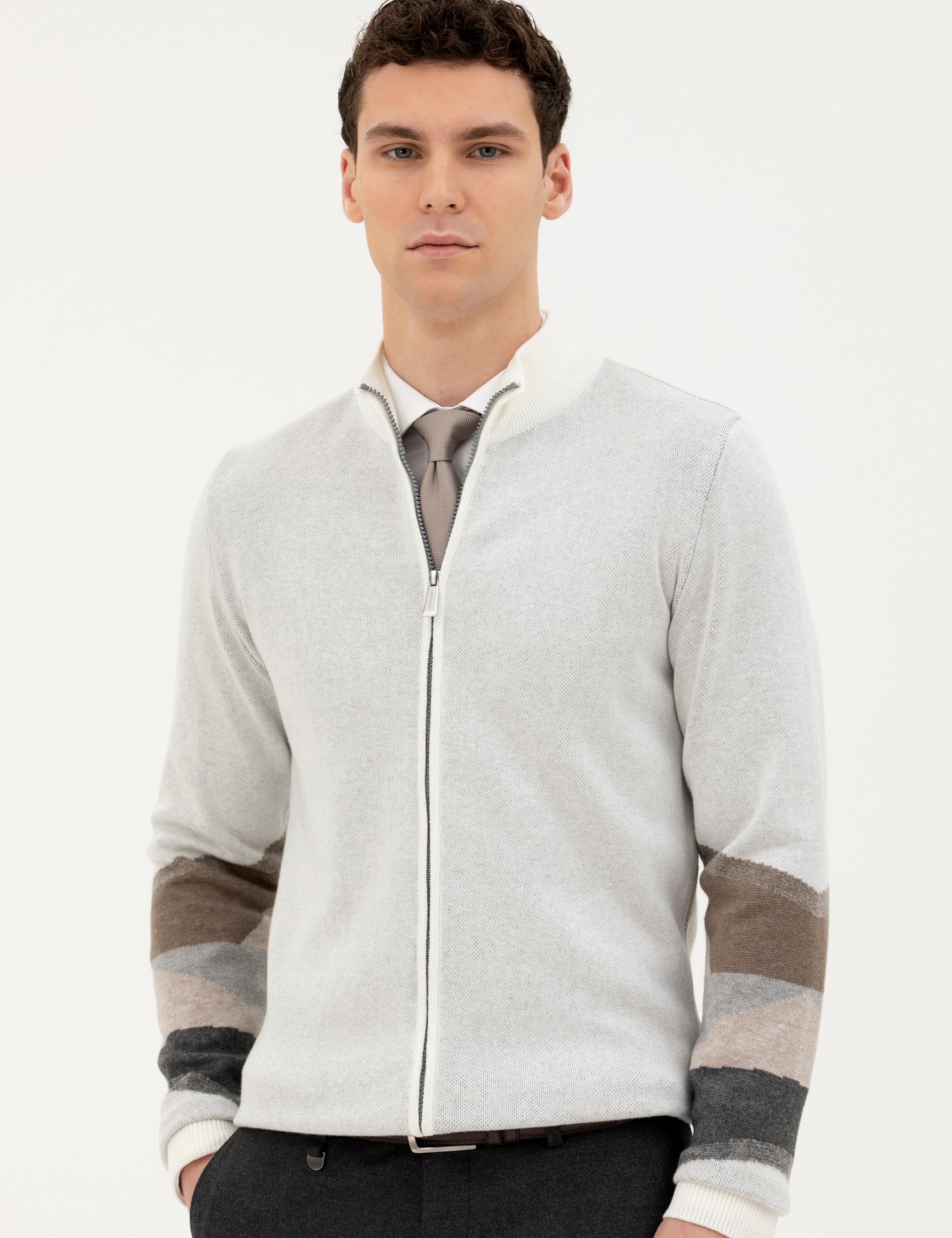 Ekru Slim Fit Fermuarlı Triko Hırka