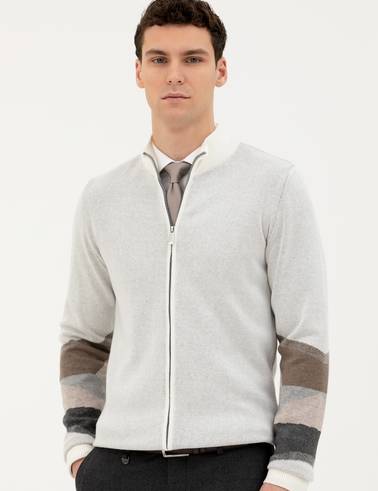Ekru Slim Fit Fermuarlı Triko Hırka
