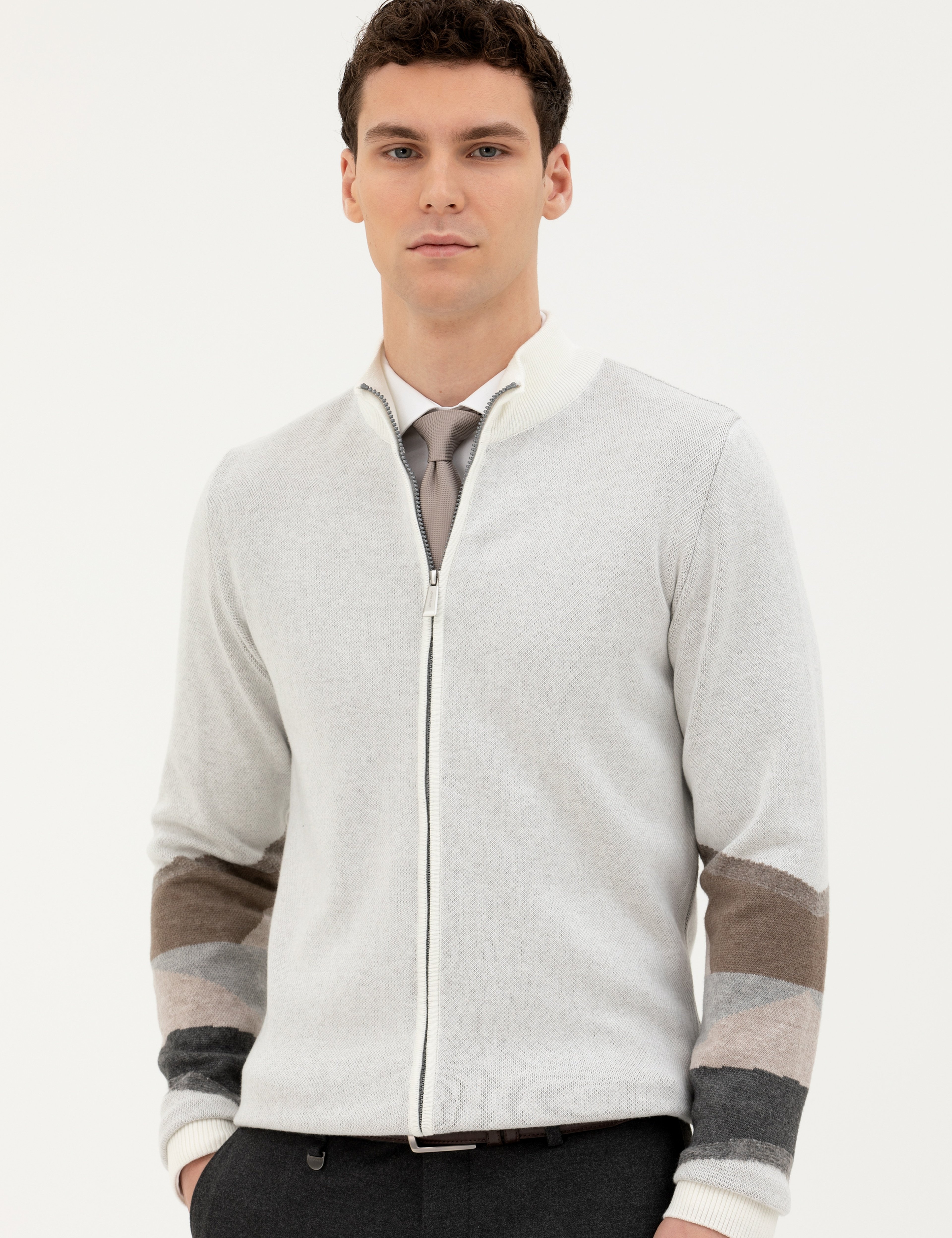 Ekru Slim Fit Fermuarlı Triko Hırka - Image 3