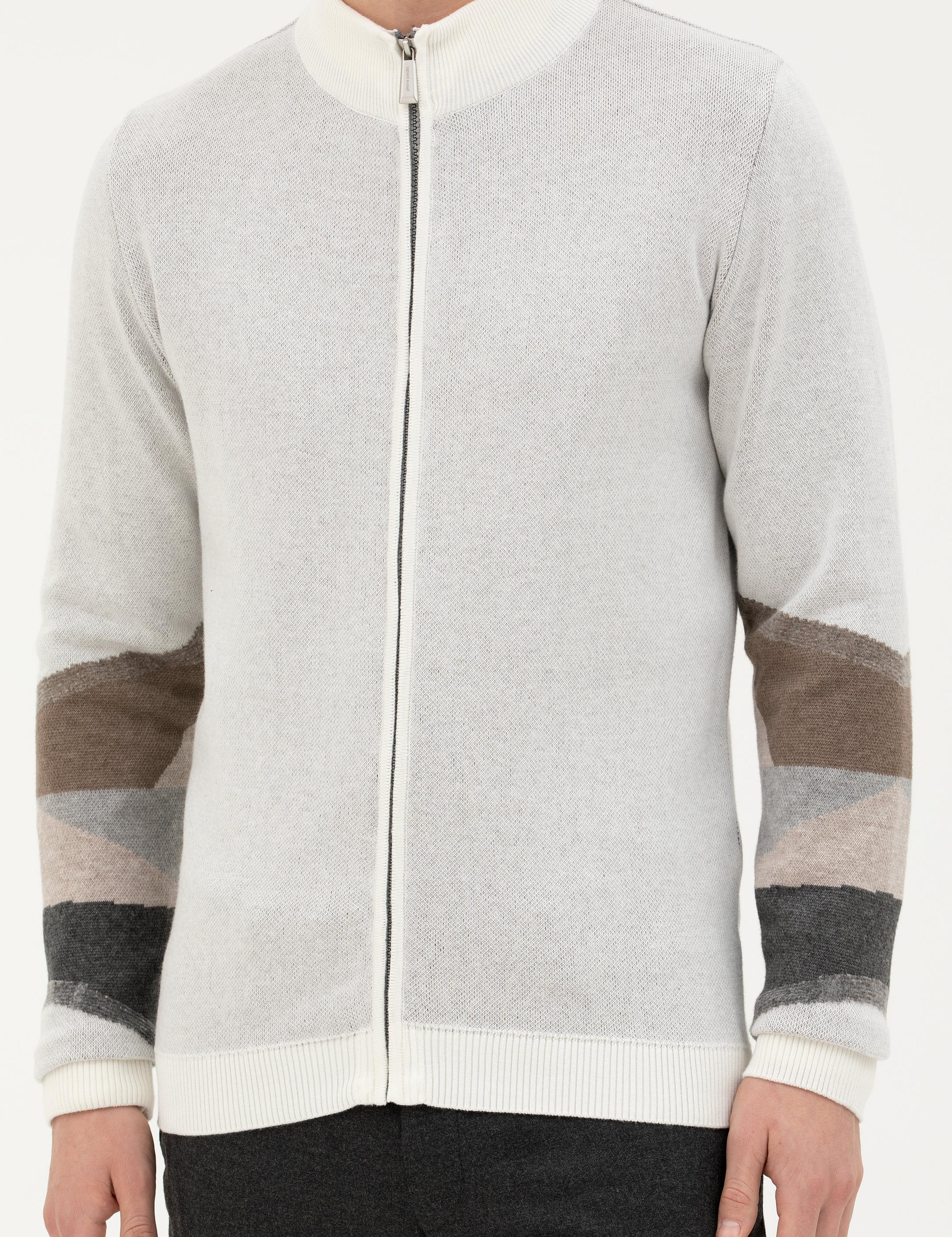 Ekru Slim Fit Fermuarlı Triko Hırka