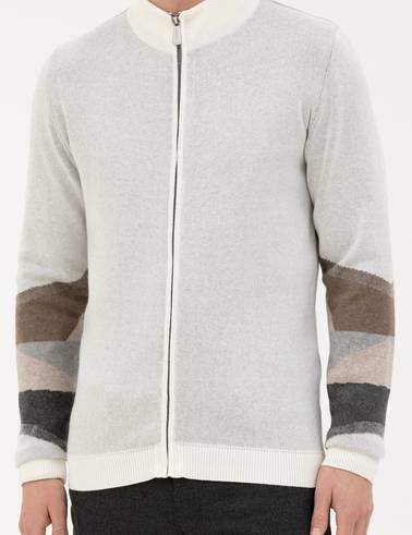 Ekru Slim Fit Fermuarlı Triko Hırka