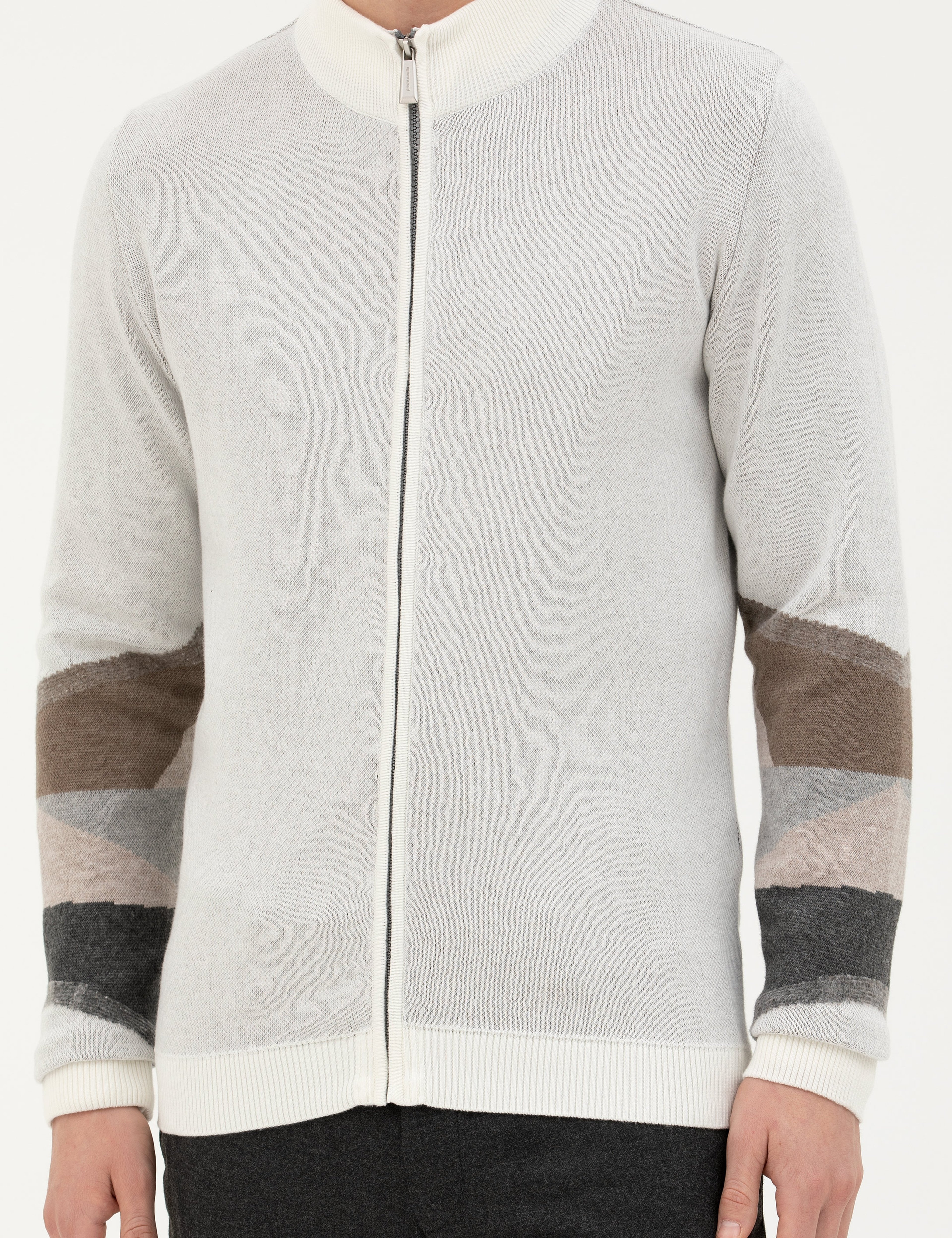 Ekru Slim Fit Fermuarlı Triko Hırka - Image 6