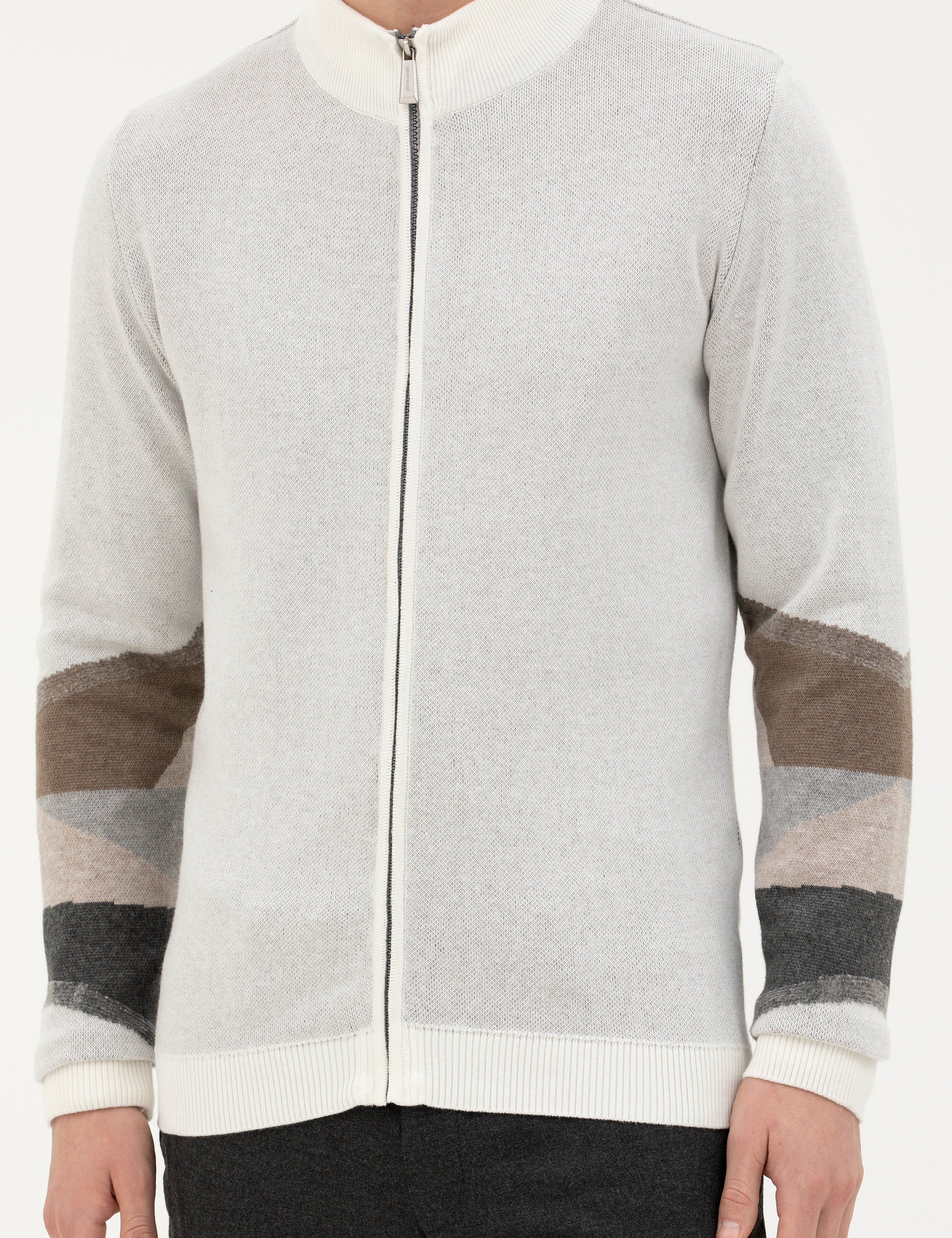 Ekru Slim Fit Fermuarlı Triko Hırka