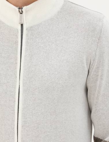 Ekru Slim Fit Fermuarlı Triko Hırka