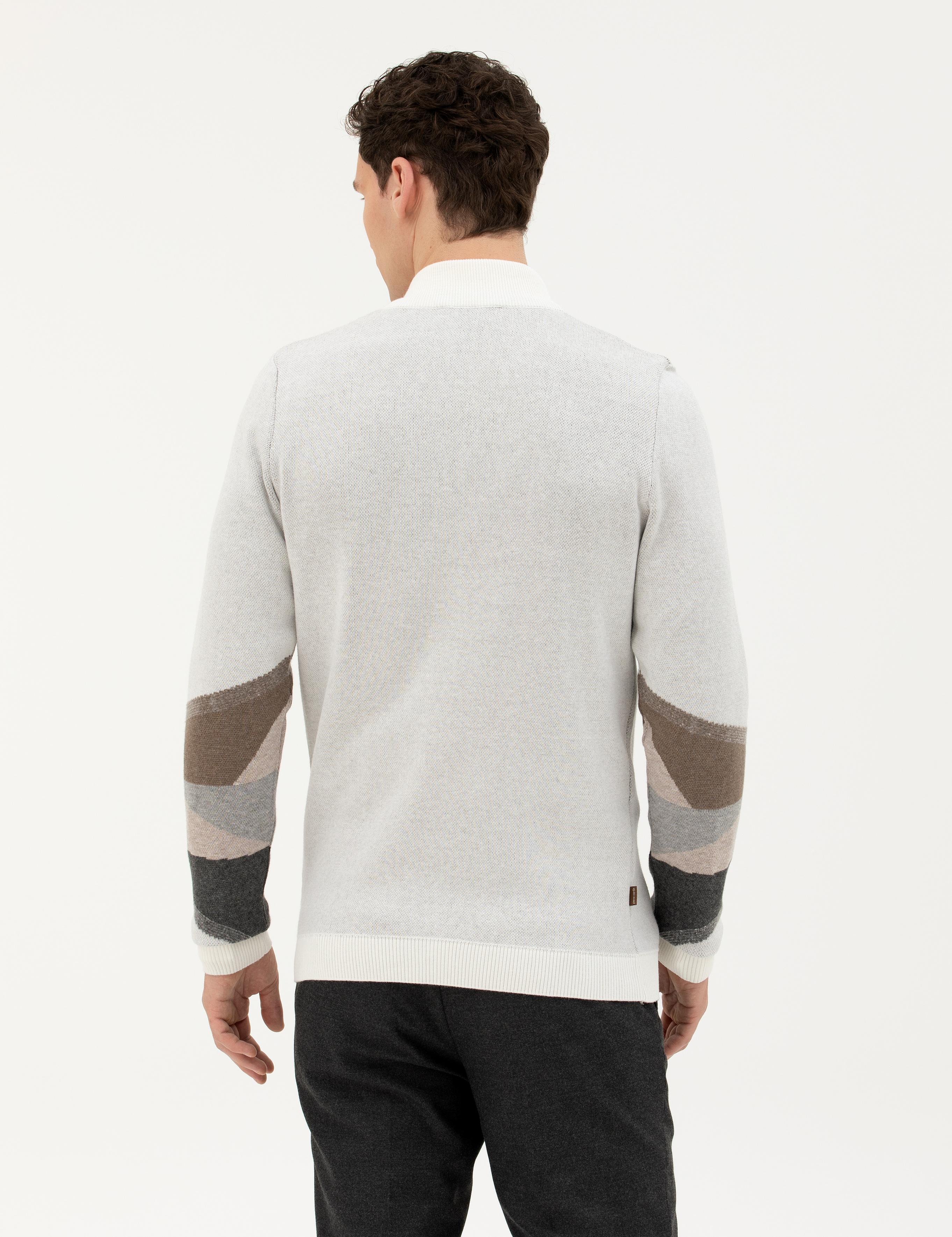 Ekru Slim Fit Fermuarlı Triko Hırka