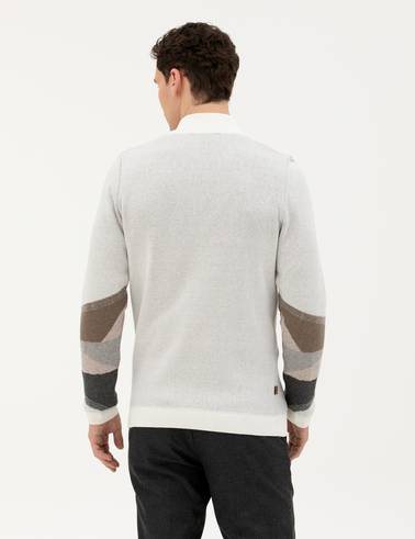 Ekru Slim Fit Fermuarlı Triko Hırka