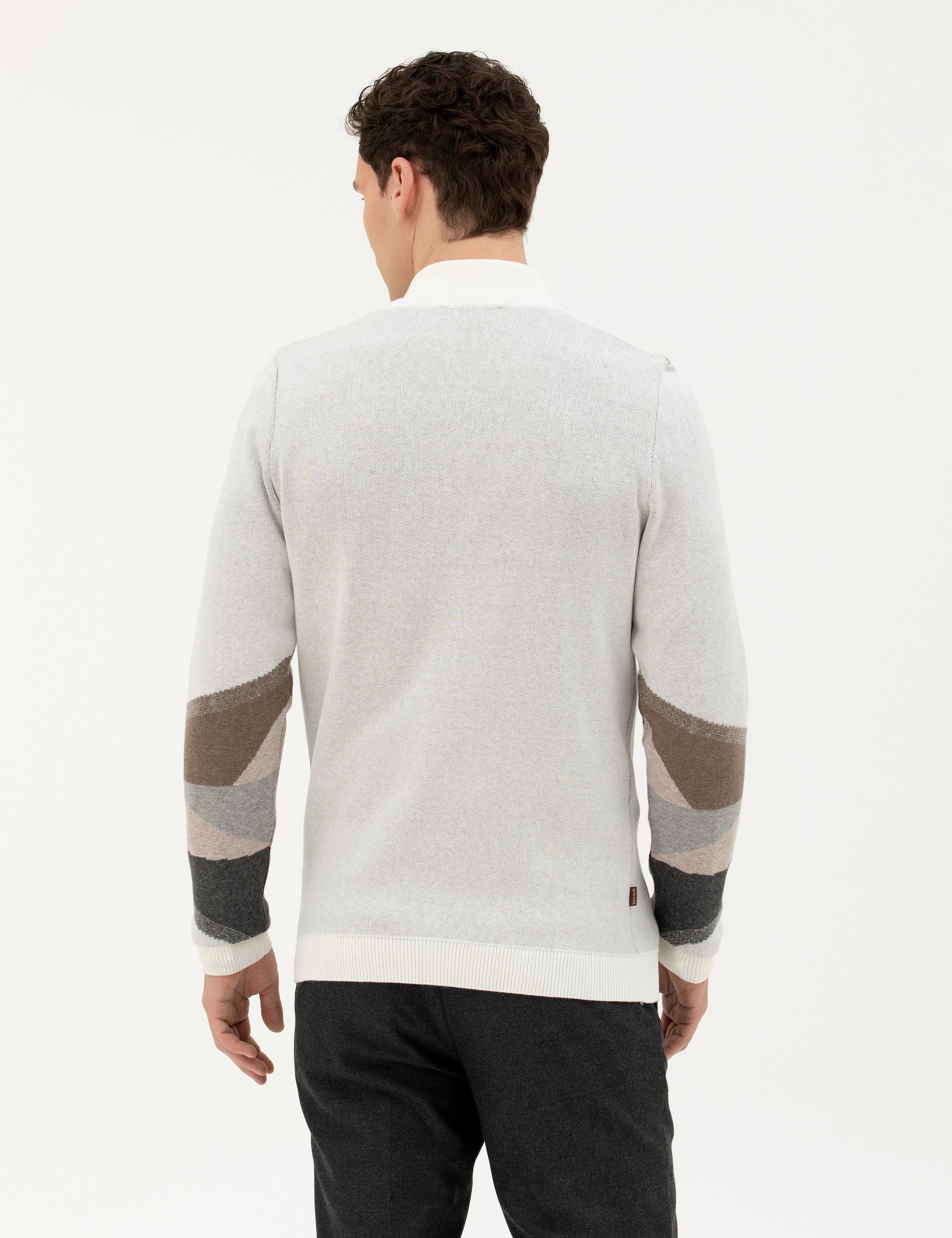 Ekru Slim Fit Fermuarlı Triko Hırka - Image 5