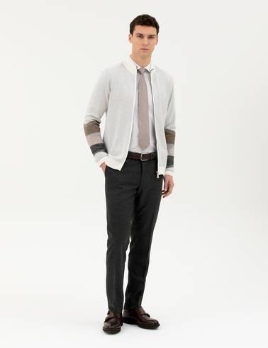 Ekru Slim Fit Fermuarlı Triko Hırka