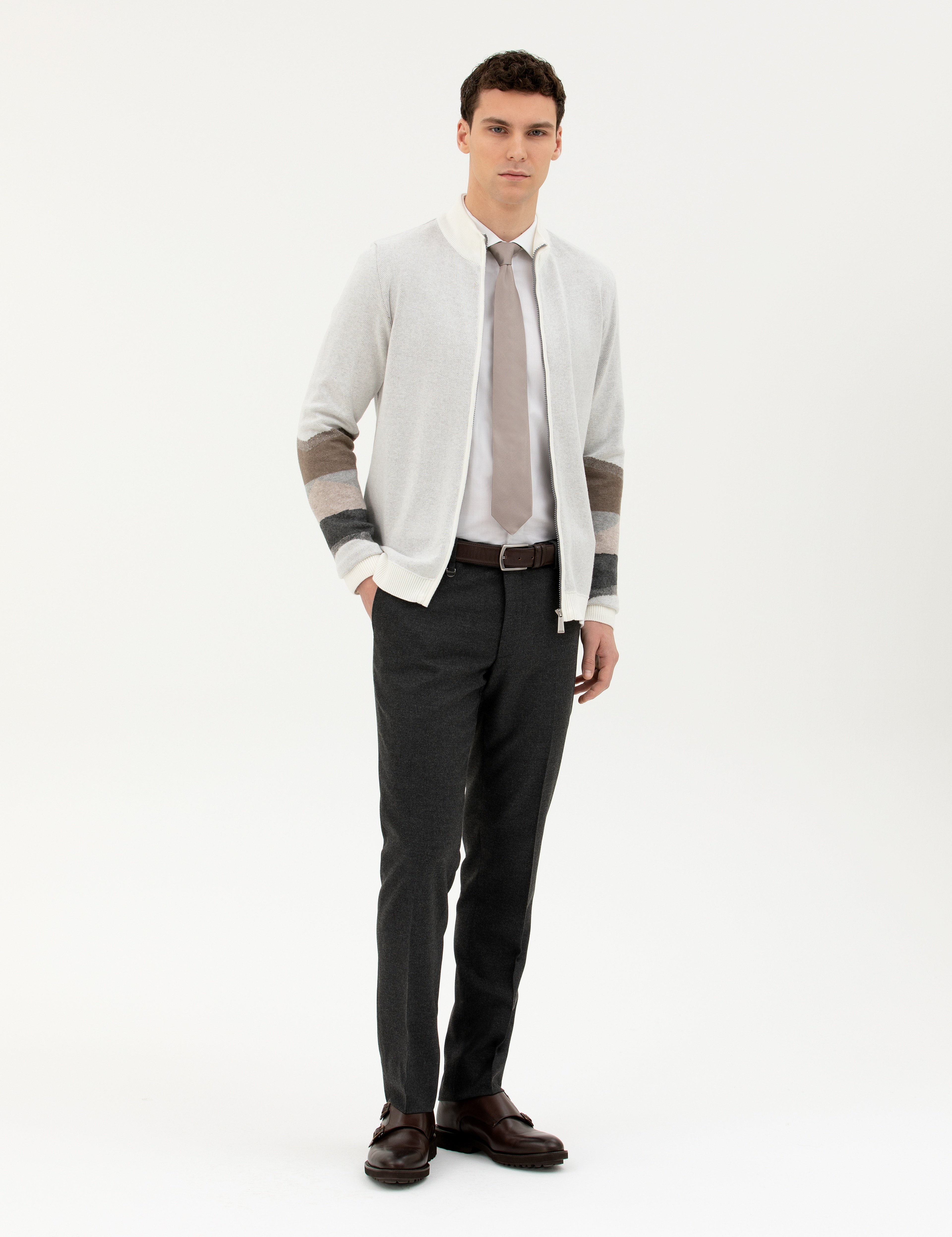 Ekru Slim Fit Fermuarlı Triko Hırka - Image 4